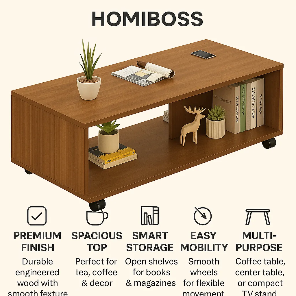 Homiboss CT02 Mobile Living Room Center Table with Wheels & Storage thumbnail 3