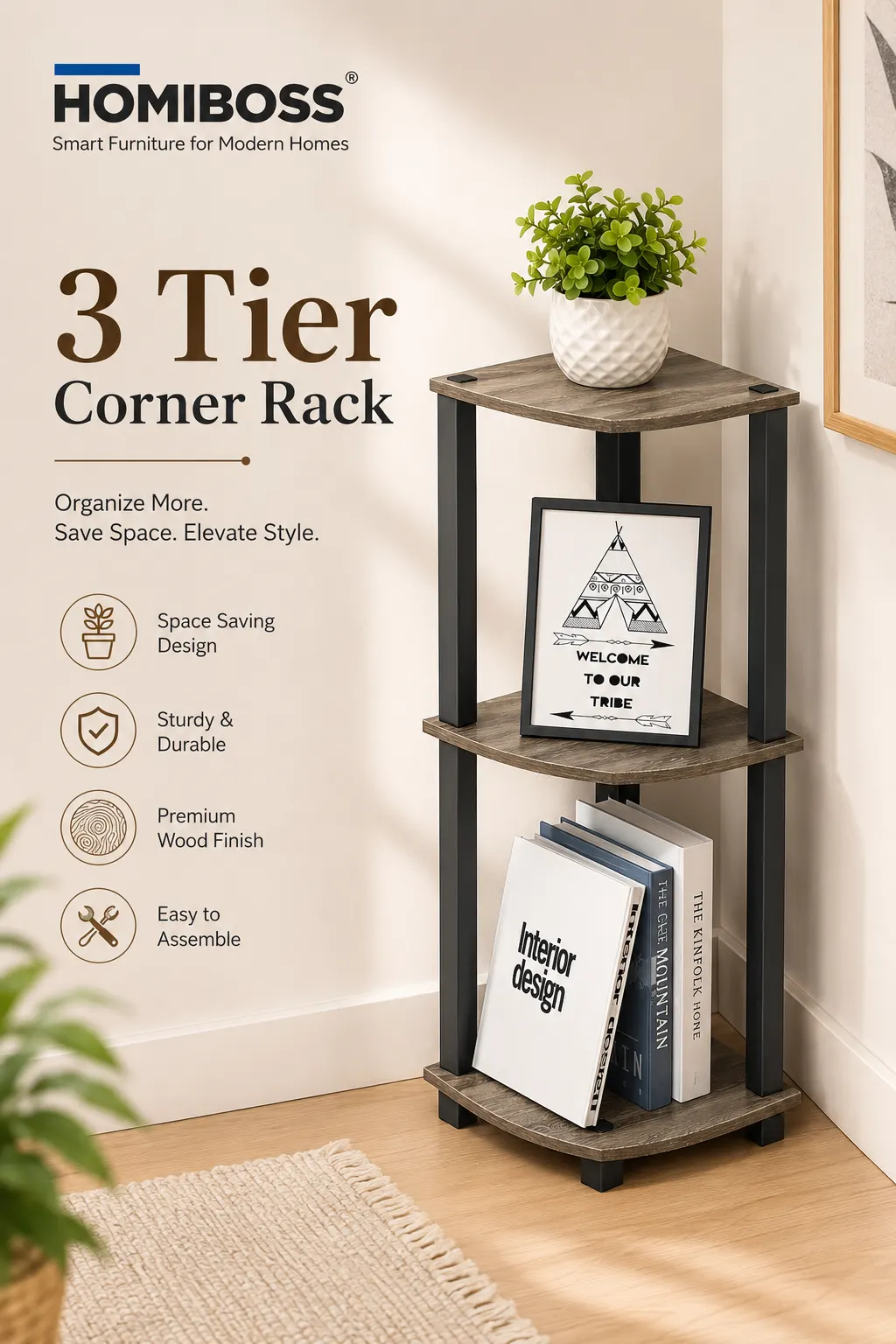 Homiboss Turn-N-Tube Tiered Corner Shelf & Bookshelf Display Rack thumbnail 3