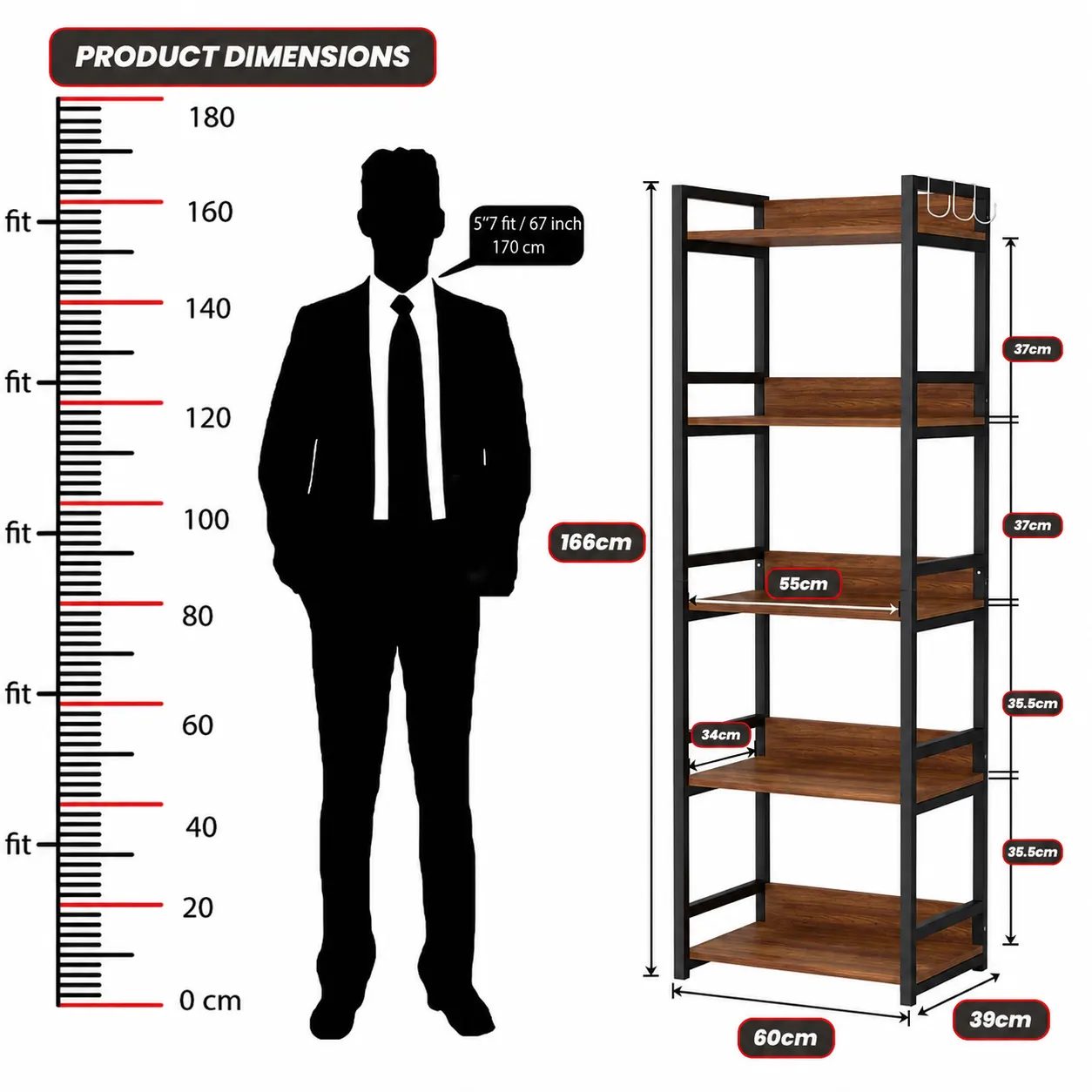 Homiboss 5-Layer Multipurpose Metal & Wood Kitchen Storage Rack thumbnail 2