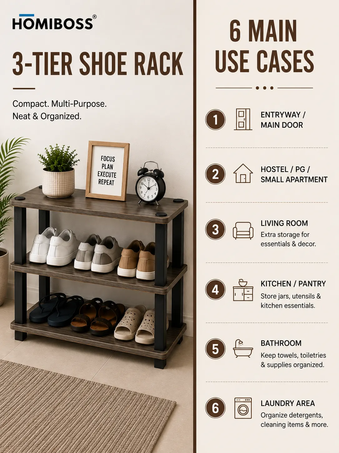 Homiboss Turn-N-Tube Wooden Multi-Tier Shoe Rack & Utility Organizer thumbnail 2
