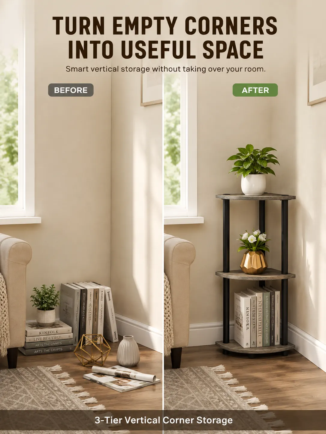 Homiboss Turn-N-Tube Tiered Corner Shelf & Bookshelf Display Rack thumbnail 9