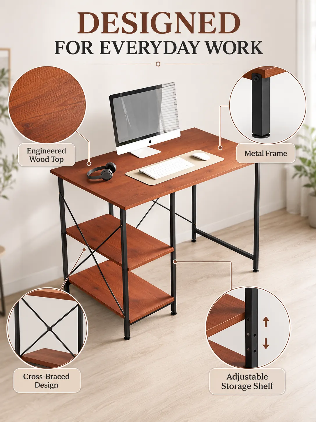Homiboss Golf Metal Computer Table with 2-Tier Storage Shelves thumbnail 5