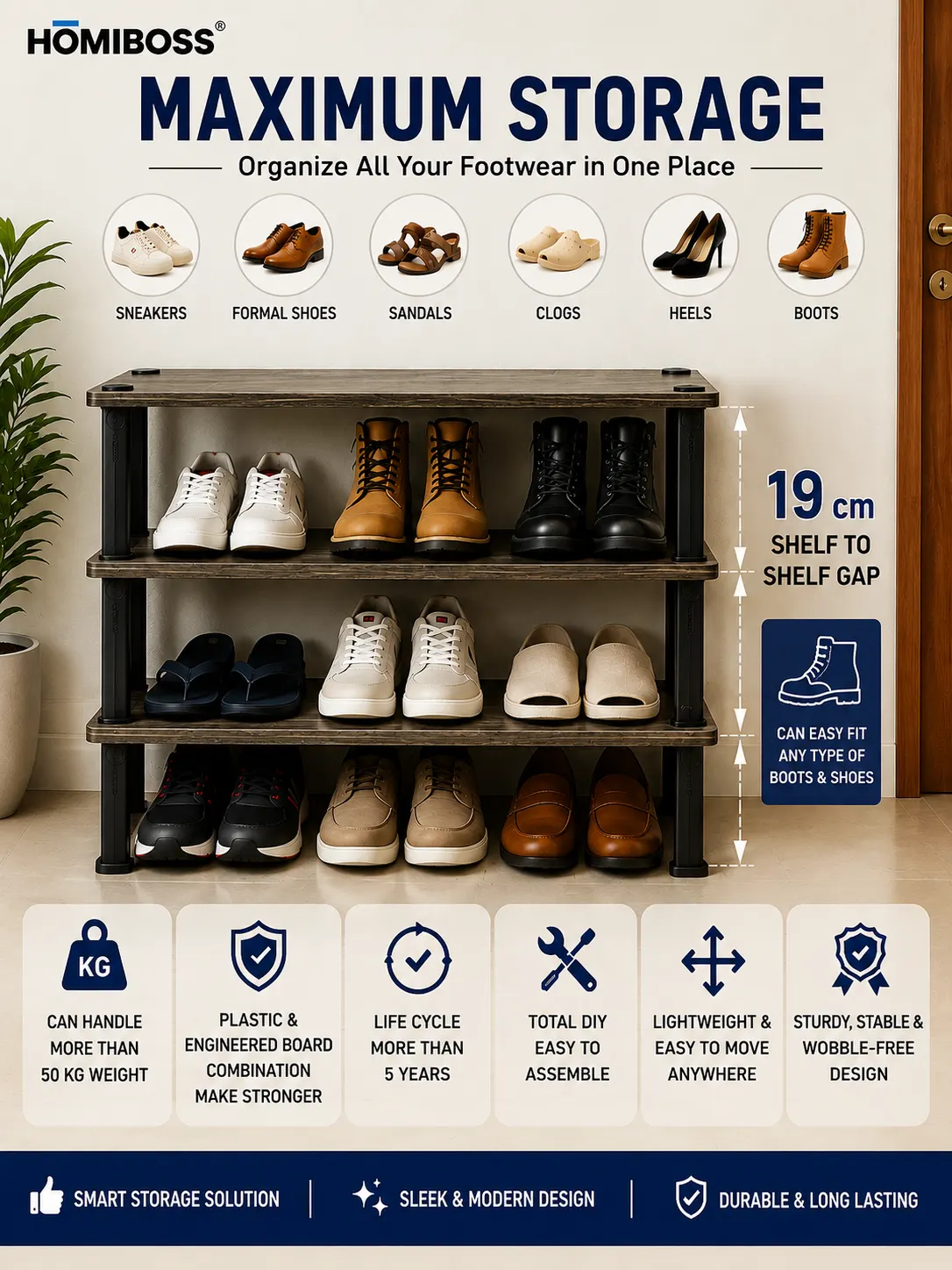 Homiboss Turn-N-Tube Wooden Multi-Tier Shoe Rack & Utility Organizer thumbnail 7