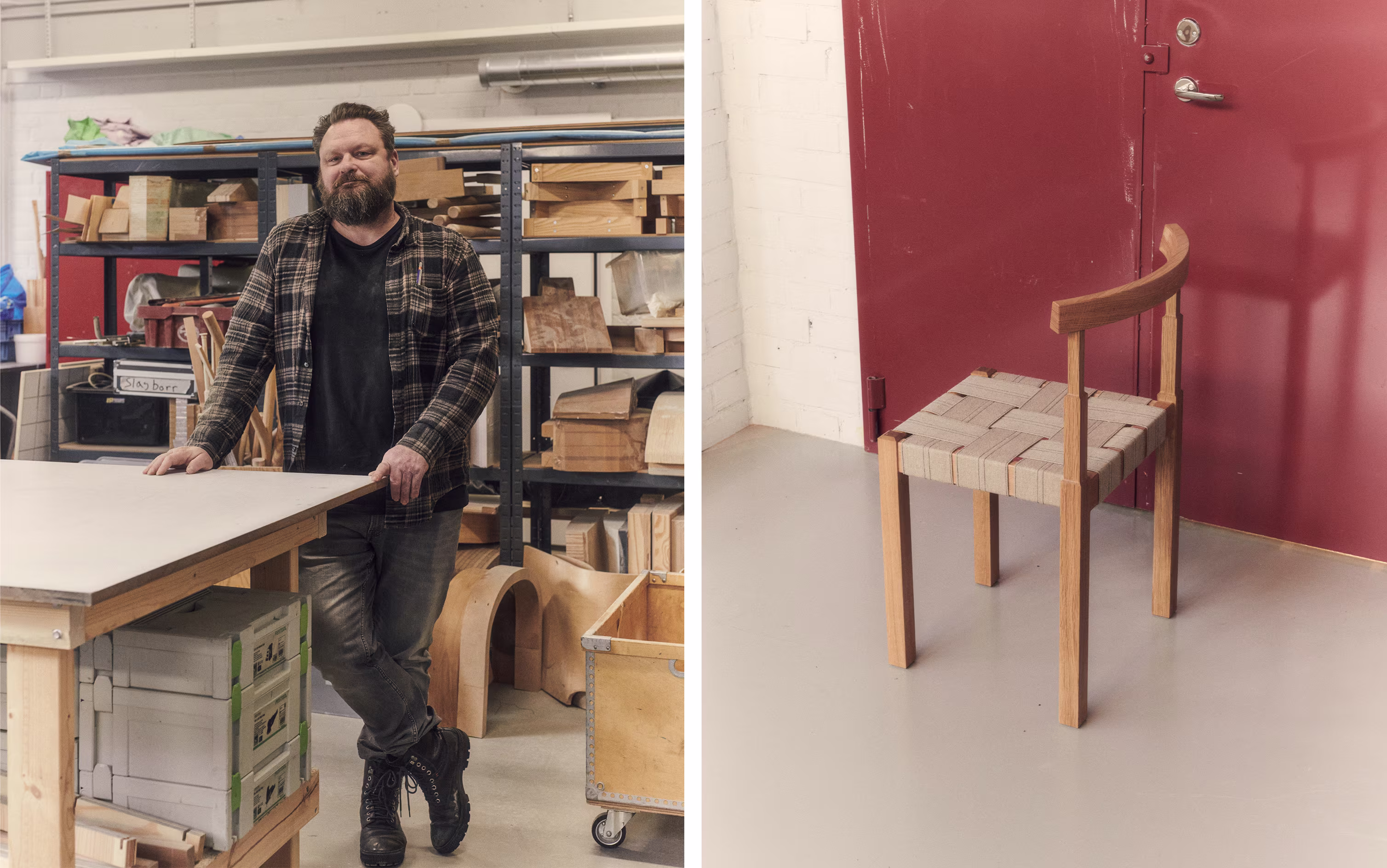 Sami Kallio i sin verkstad till vänster och Empire Chair i trä till höger