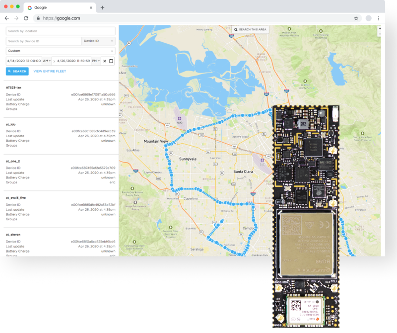 An image of the Tracker SoM with a geolocation interface