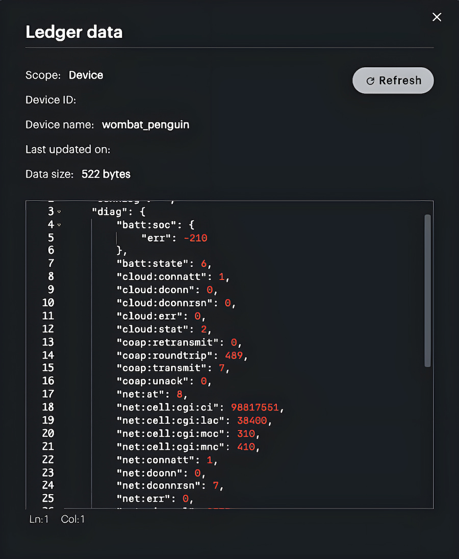 The log output by the device