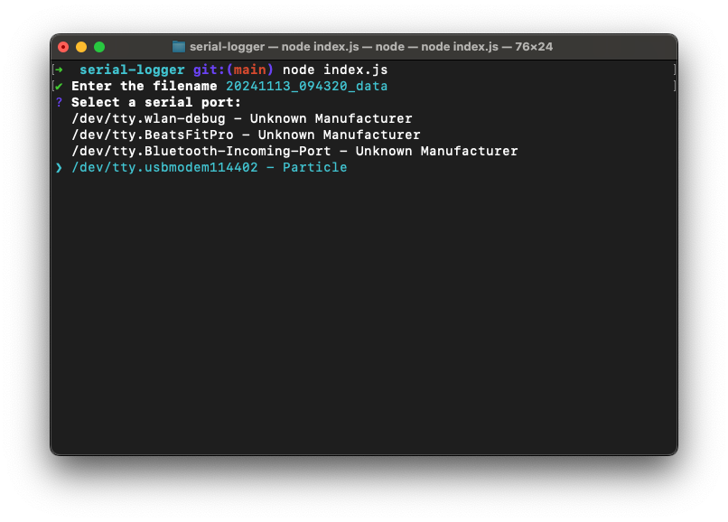 Serial port picker, select the port that is connected to a Particle device