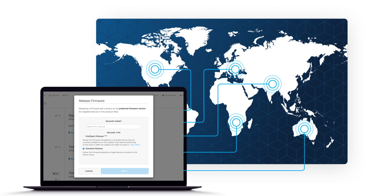 A laptop sending an over the air software update to devices around the world