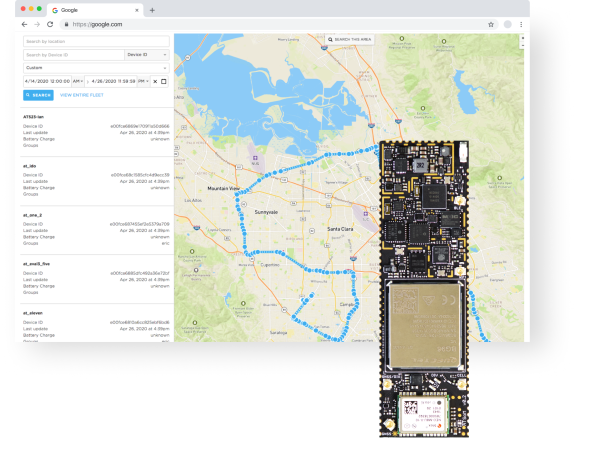 An image of the Tracker SoM with a geolocation interface