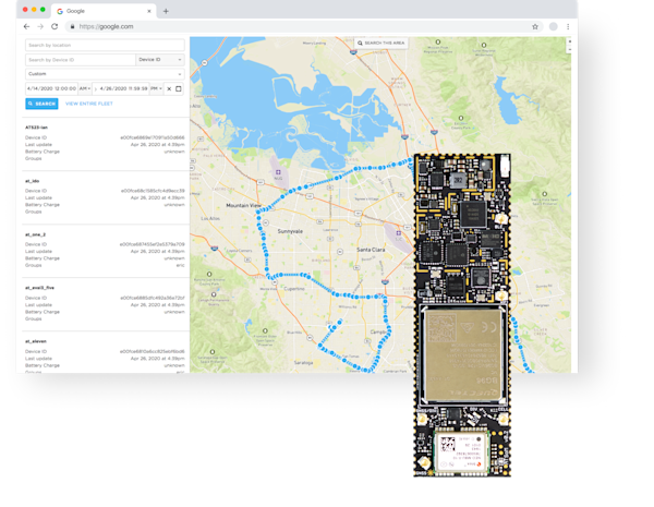An image of the Tracker SoM with a geolocation interface