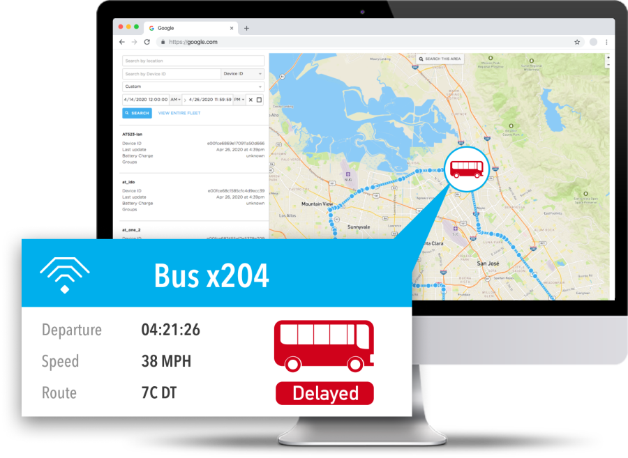 An geolocation interface showing that a bus is running late