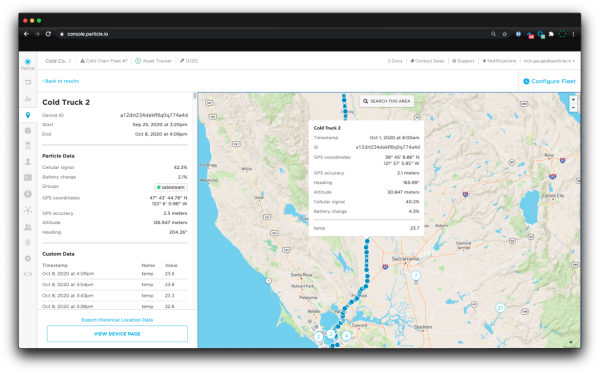 The Particle Tracking System dashboard monitoring asset gps location, battery, and other details in real-time