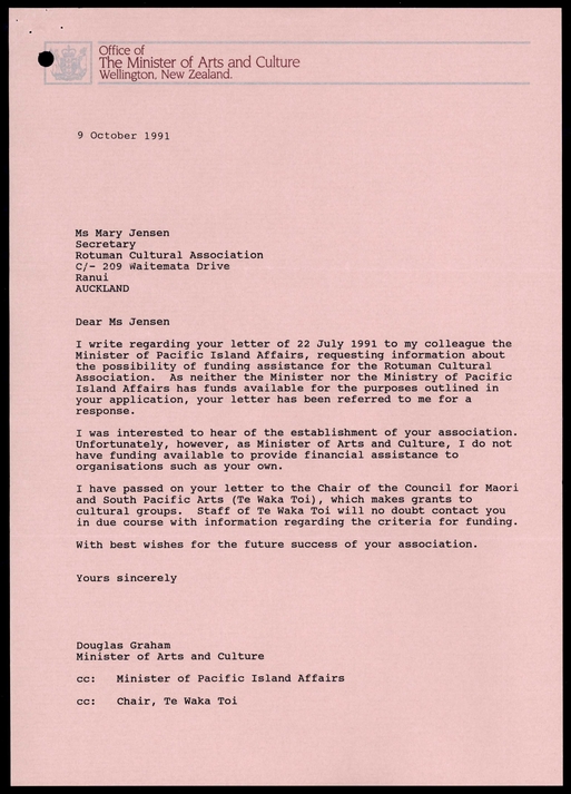 Letter from Douglas Graham to Mary Jensen. 9 October 1991. Archives NZ Ref - Item Code: R431766, File 35