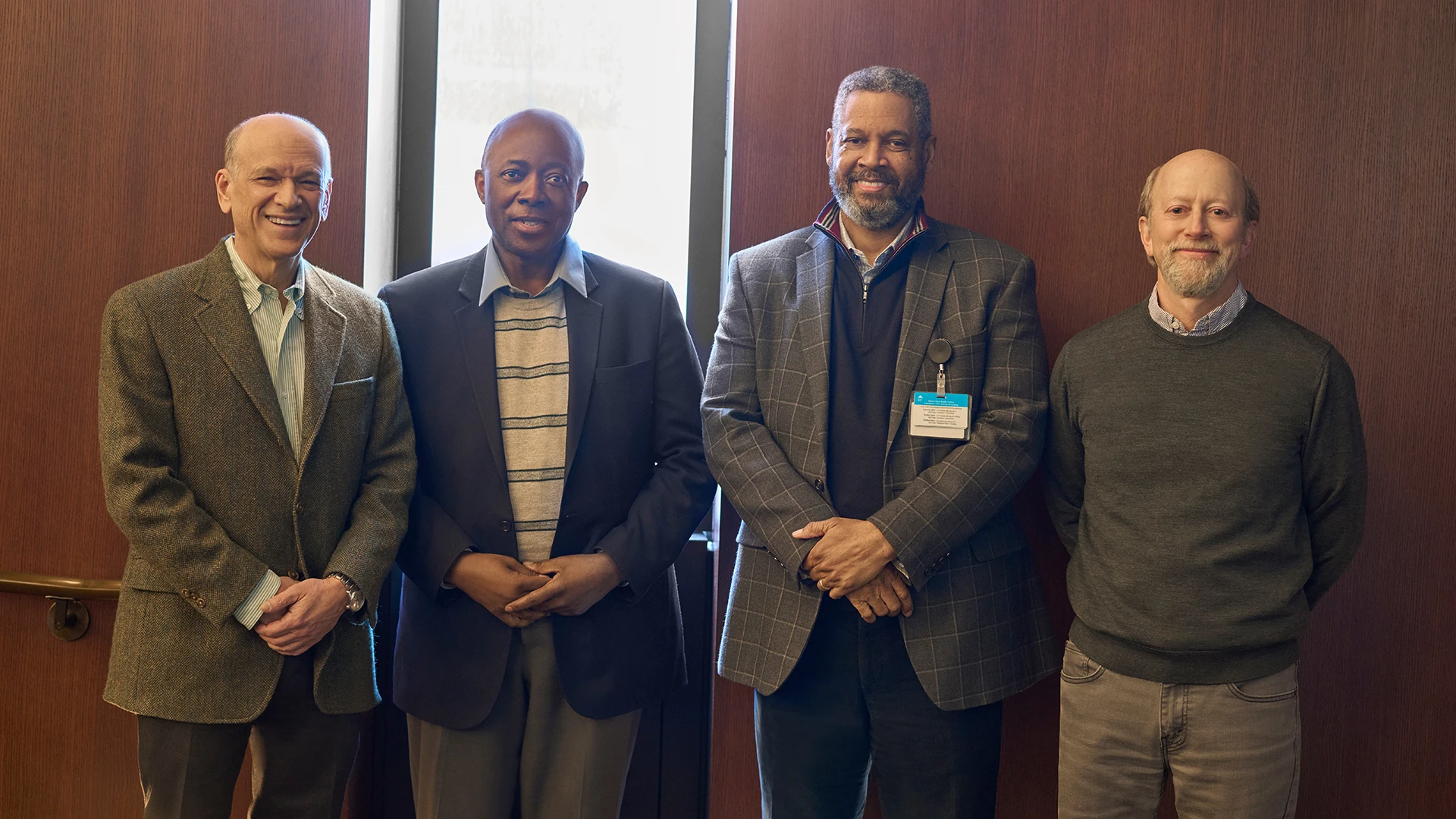 Neuroscientist Sanika S. Chirwa, MD, PhD, second from left, presented the first lecture in the Mount Sinai–Meharry Medical College Faculty Exchange Program. From left are Eric J. Nestler, MD, PhD; Reginald W. Miller, DVM, DACLAM; and Paul A. Slesinger, PhD.