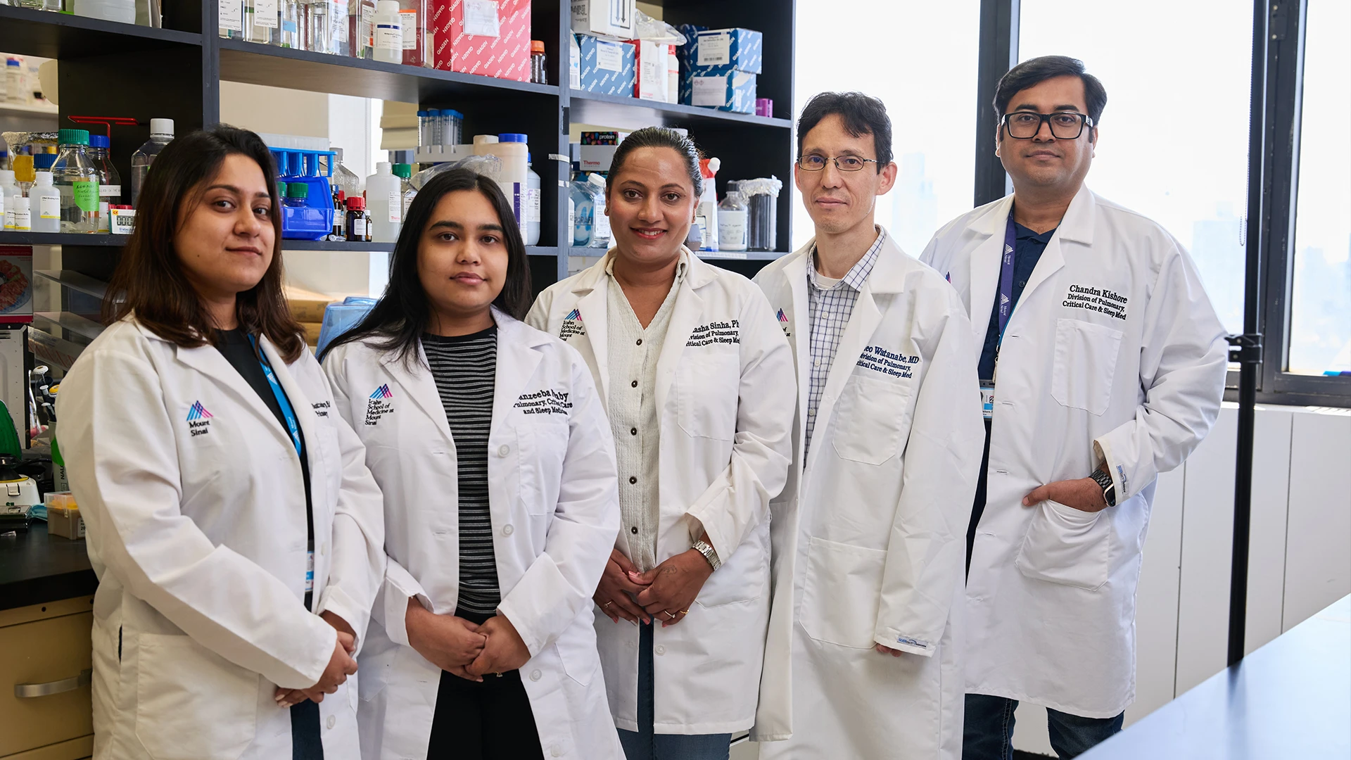 From left: Reshmee Bhattacharya, PhD; Nanzeeba Faraby, lab manager; Dr. Sinha; Hideo Watanabe, MD, PhD; and Chandra Kishore, PhD