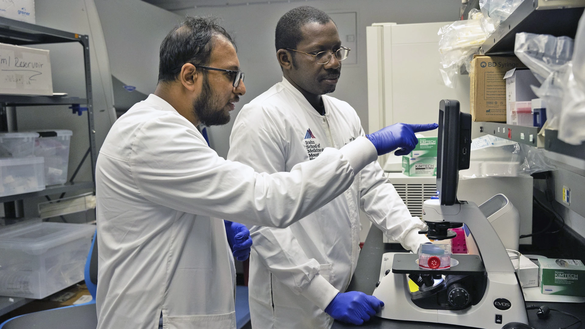 Dr. Bado (right) and Alam (left) pore through samples at the microscope, working on basic science of tumor senescence, but those findings will have great impact down the road on informing treatment strategies.