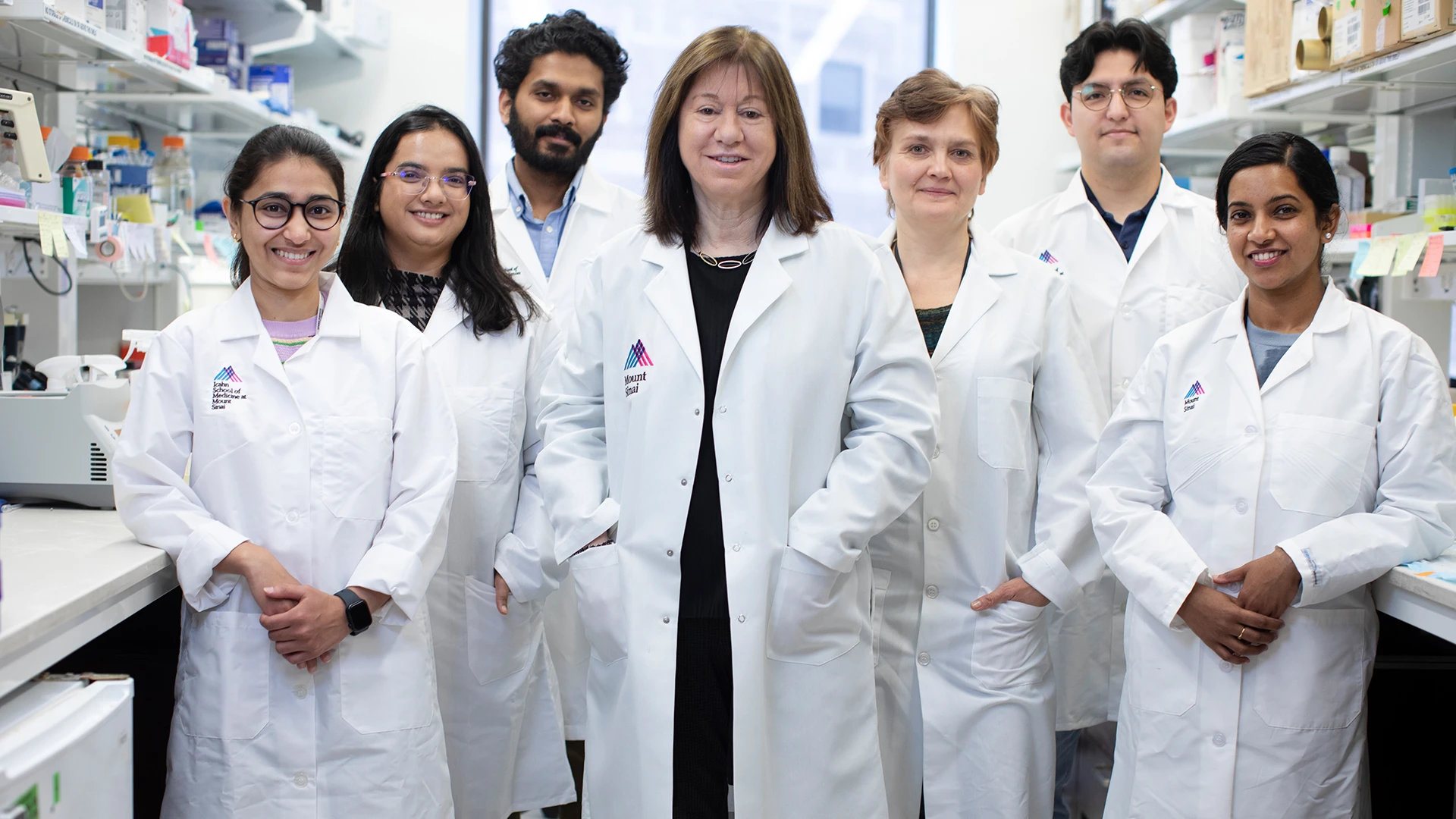  Carol Gregorio, PhD, center, with, from left, Nishtha Desai, MSc; Darshini Desai, PhD; Manish Manoharan, MSc; Svetlana Minakhina, PhD; Fabrizzio F. Caro; and Ann Anu Kurian, MSc.