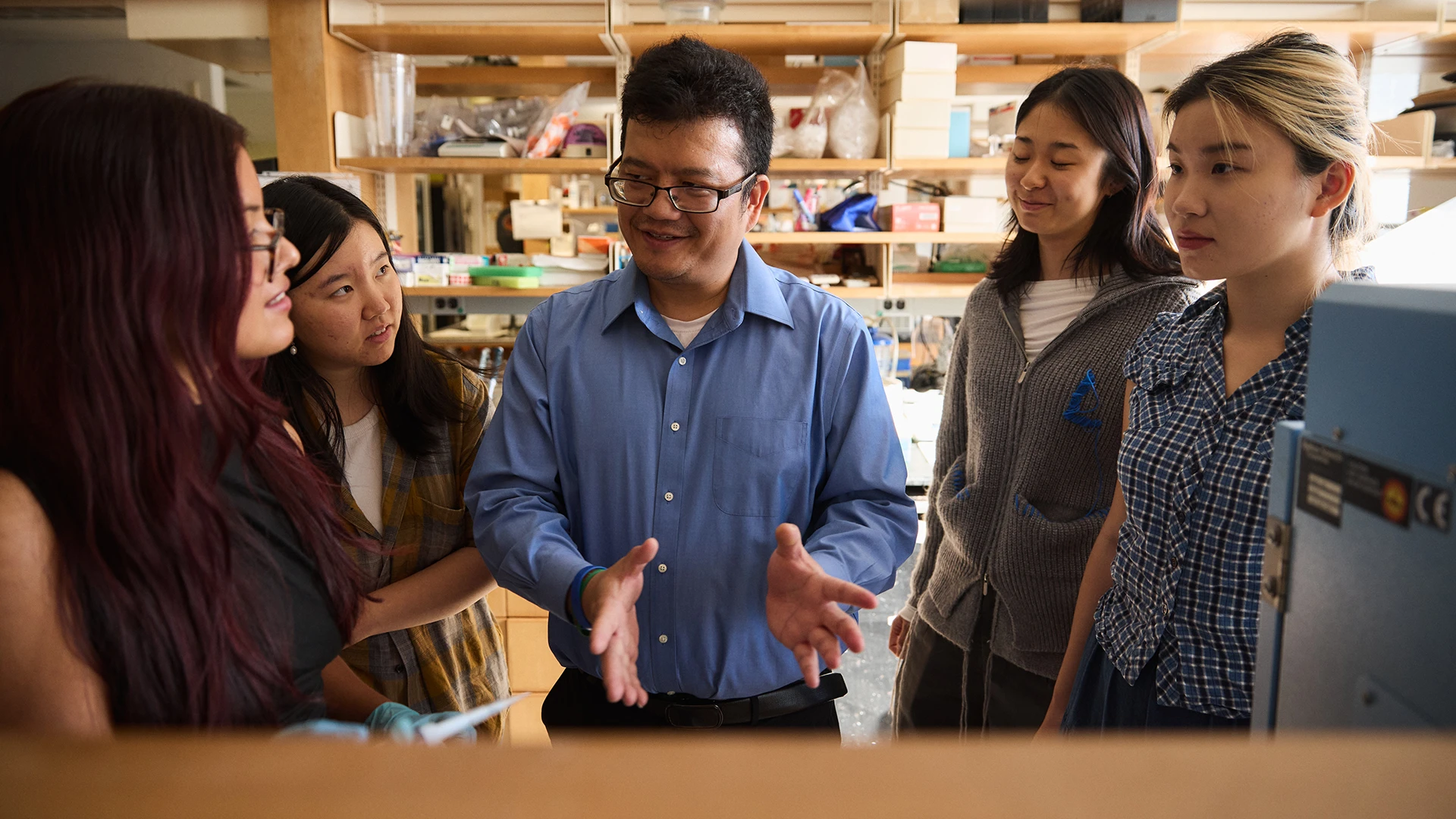 The MASH nutrition project team includes, from left, clinical research coordinator Maryfe Coronel; research intern Yunxi Pu; Dr. Zhang; research intern Ruoyan Pan; and biostatistician Yulu (Lulu) He, MS.
