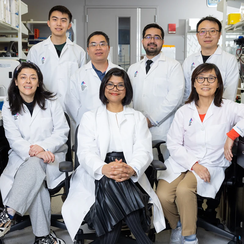 The Sahoo Laboratory. Front row, from left: Sabrina La Salvia, PhD, Susmita Sahoo, PhD, and Shihong Zhang. Back row, from left: Alan Shao, Anh Phan, PhD, Nikhil Raisinghani, MD, and Xisheng Li, PhD.