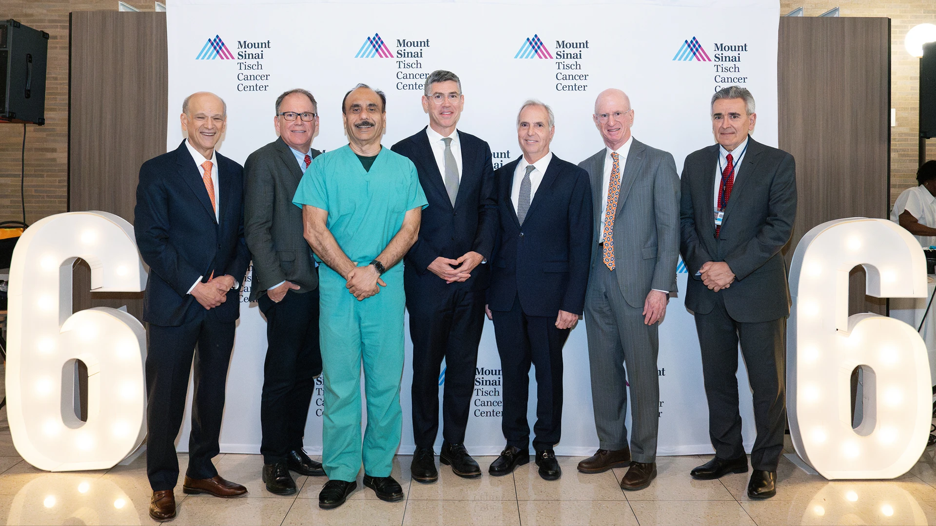 Various leaders attended the event and provided remarks celebrating the milestone. From left to right: Eric J. Nestler, MD, PhD, Anne and Joel Ehrenkranz Dean of the Icahn School of Medicine; Ramon E. Parsons, MD, PhD, Director of the Mount Sinai Tisch Cancer Center; Ashutosh Tewari, MBBS, MCh, Chairman of the Milton and Carroll Petrie Department of Urology at the Icahn School of Medicine; Brendan G. Carr, MD, MA, MS, Chief Executive Officer of the Mount Sinai Health System; Luis M. Isola, MD, Gerald J. Friedman Chair in Oncology; James S. Tisch, Co-Chairman of the Boards of Trustees for the Mount Sinai Health System; and Joseph A. Sparano, MD, Ezra M. Greenspan, M.D. Professor in Clinical Cancer  Therapeutics.