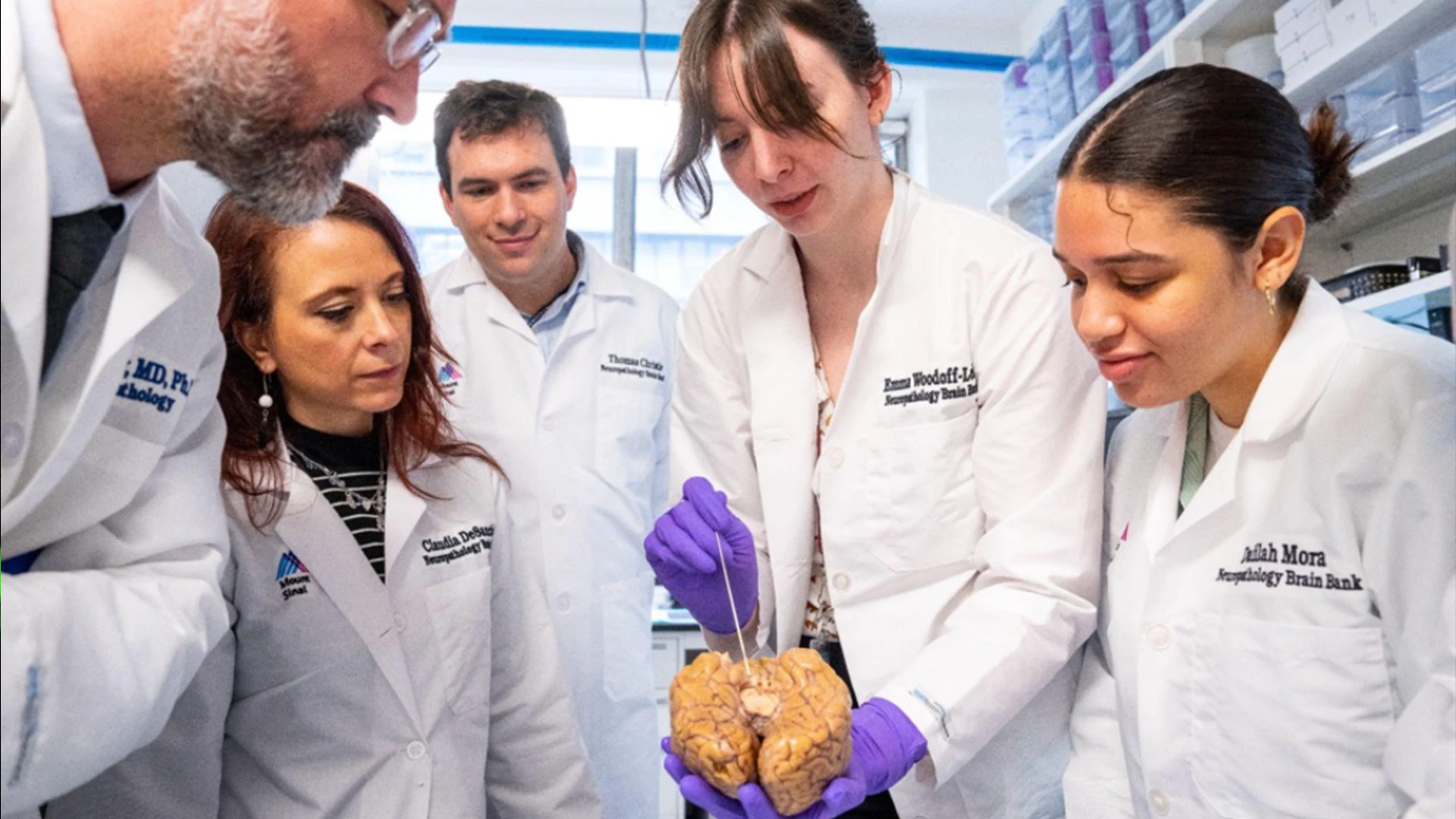 The Mount Sinai brain bank is a nexus for teaching. John Crary, MD, PhD, left, hosts sessions with trainees who are interested in a career in translational brain science.