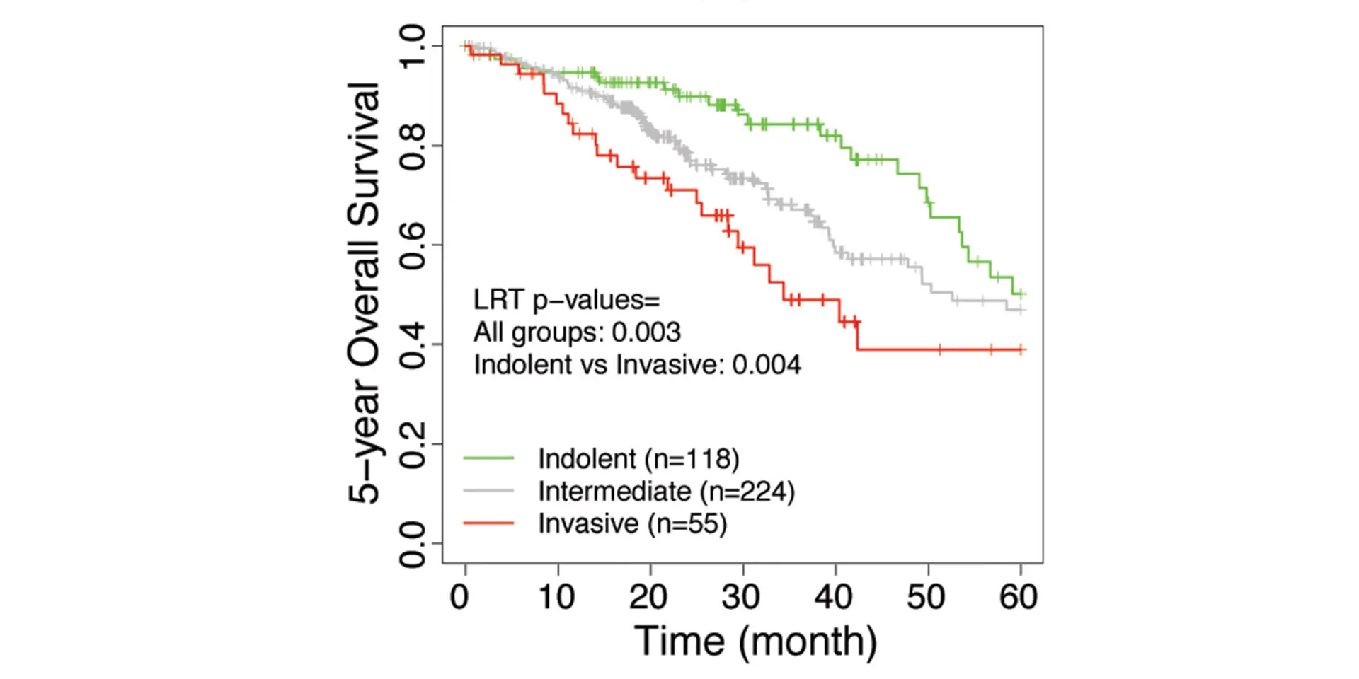 Stratification of tumor samples of each lung adenocarcinoma cohort into three groups based on IVS; invasive (high IVS), intermediate (middle IVS), and indolent (low IVS) tumors. Five-year survival of tumors was shown in a KM curve with corresponding LRT p-values.  b) TCGA LUAD