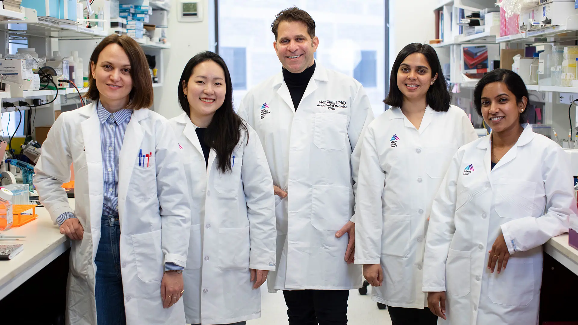 Team members, from left, Magdalena Zak, PhD; Jimeen Yoo, MSc; Lior Zangi, PhD; Gayatri Mainkar, BSc, and Ann Anu Kurian, MSc. 