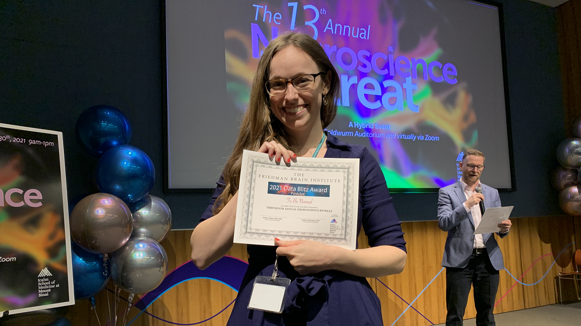 Postdoctoral fellow Jacqueline-Marie Ferland, PhD, was recognized for her research into the effects of THC by Paul Kenny, PhD, Chair of the Nash Family Department of Neuroscience.





