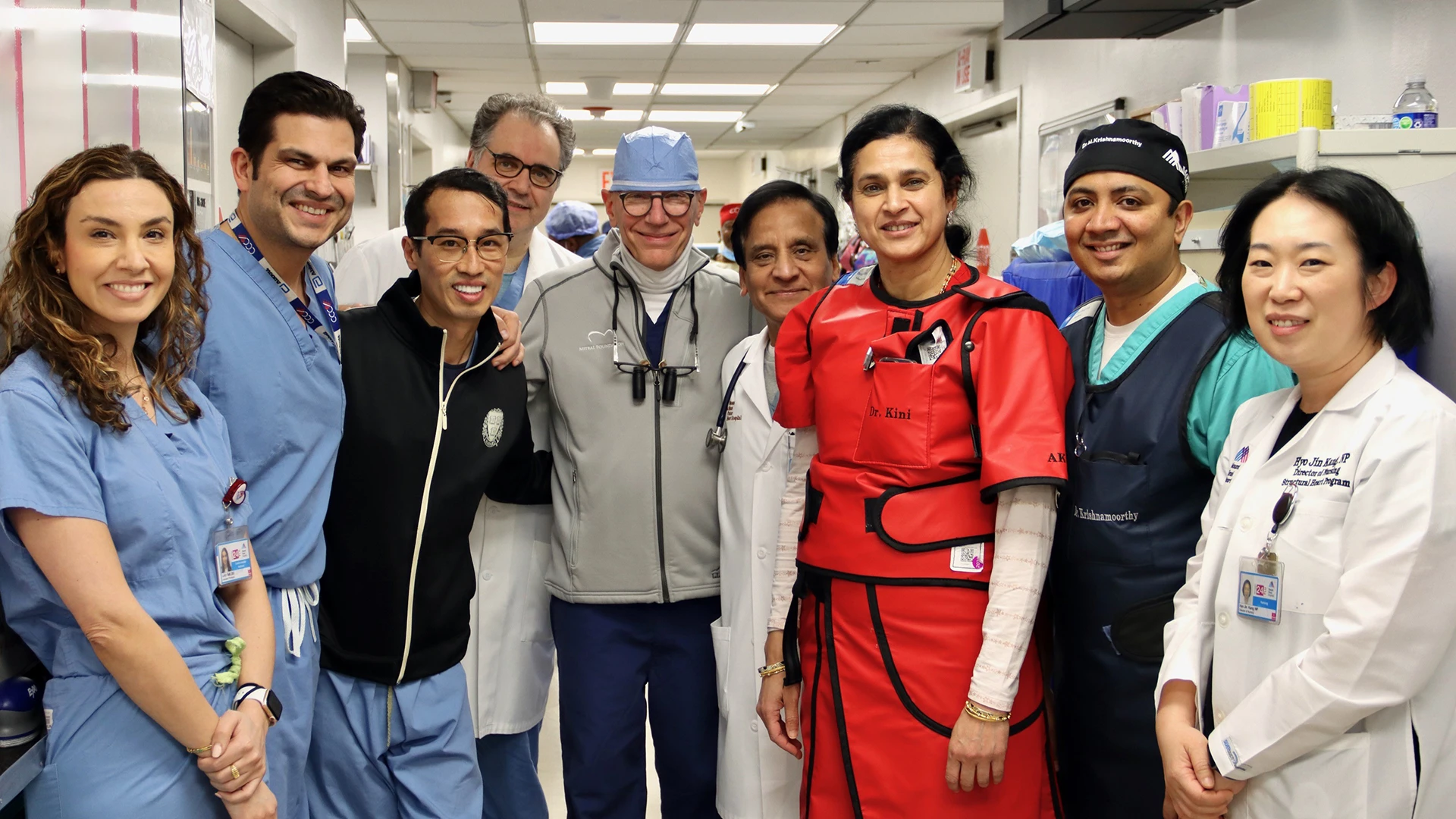 Members of the team at Mount Sinai Fuster Heart Hospital, from left: Lucy Safi, DO, FACC, FASE, FSCAI; Sahil Khera, MD, MPH; Gilbert H.L. Tang, MD, MBA, MSc; Stamatios Lerakis, MD, PhD; David H. Adams, MD; Samin K. Sharma, MD; Annapoorna S. Kini, MD; Parasuram Krishnamoorthy, MD; and Jin Kang, MD. 