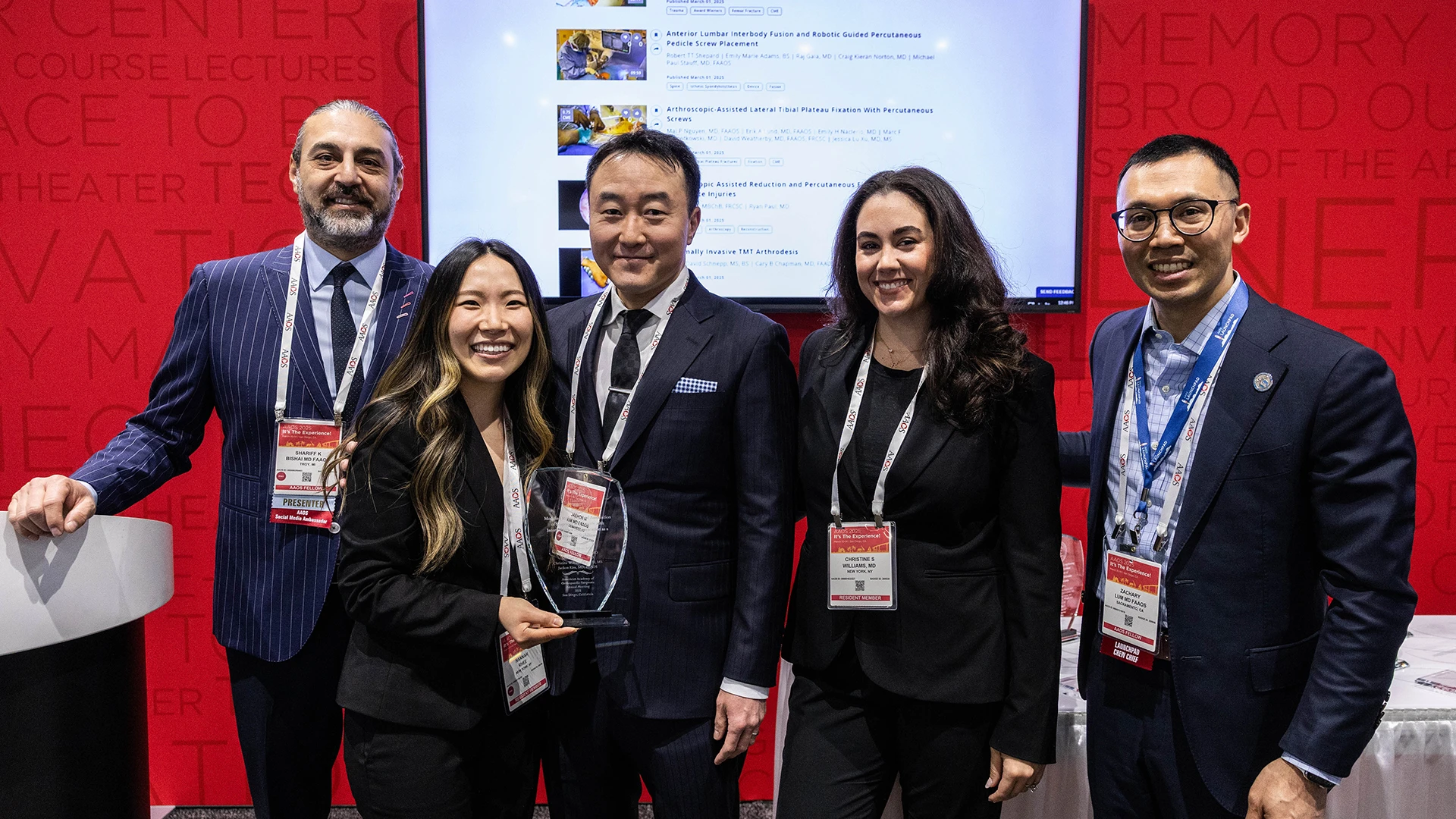 Dr. Kim and his team at the 79th Annual Meeting of the American Society for Surgery of the Hand’s award ceremony in Minneapolis in September 2024. Pictured from left: Shariff K. Bishai, MD, FAAOS, Chair of the Orthopaedic Video Theater at the American Academy of Orthopaedic Surgeons; Hannah Rhee, MD, Mount Sinai Orthopedic Surgery resident; Dr. Kim; Christine Williams, MD, Mount Sinai Orthopedic Surgery resident; and Zachary Lum, MD, FAAOS, Orthopaedic Video Theater Committee member