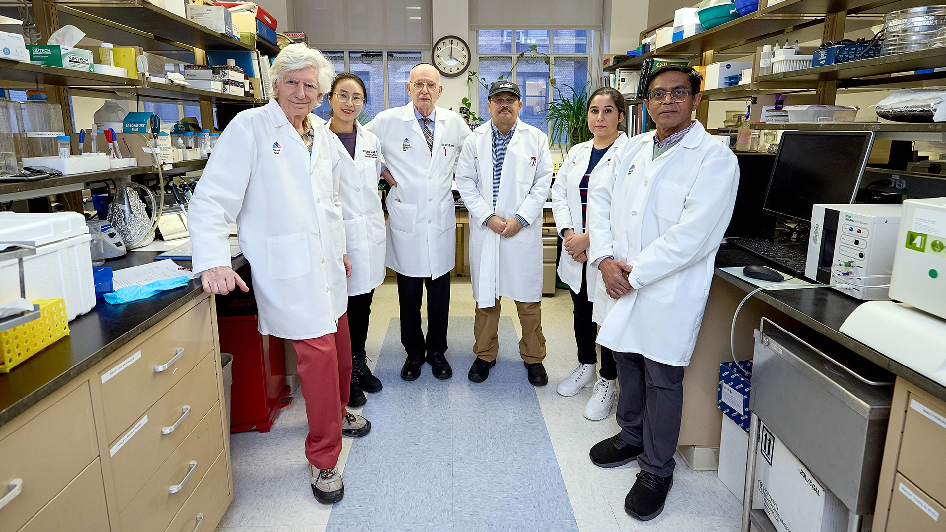 From left: Mihaly Mezei, PhD, Ping Ping Xiang, PhD, Terry F. Davies, MD, Syed Morshed, PhD, Maryam Mansoori, PhD, and Rauf Latif, PhD