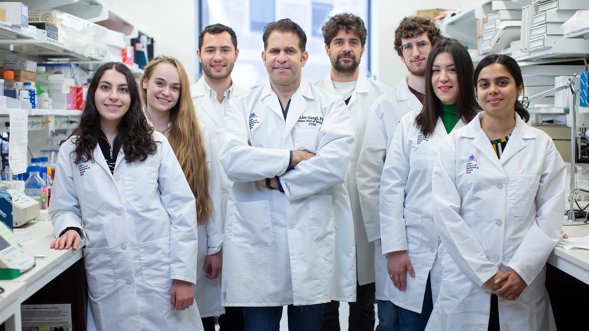  Lior Zangi, PhD, center, with from left, Rachel Hanan, Lucia Zigova, Matthew E. Adjmi, Matteo Ghiringhelli, DVM, PhD, Segev Sharon, Eftychia Markopoulou, and Gayatari Mainkar. 