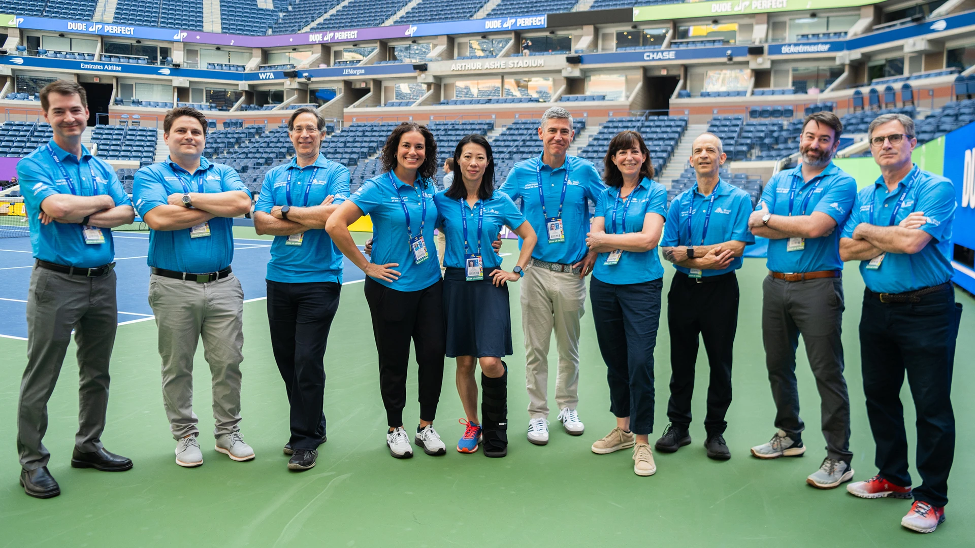 Members of the Mount Sinai medical team gather for a photo at the USTA Billie Jean King National Tennis Center in Queens at the 2024 US Open. Dr. Leber is pictured fourth from left and Dr. Colvin is fifth from left. Mount Sinai CEO Brendan G. Carr, MD, MA, MS, is pictured center.