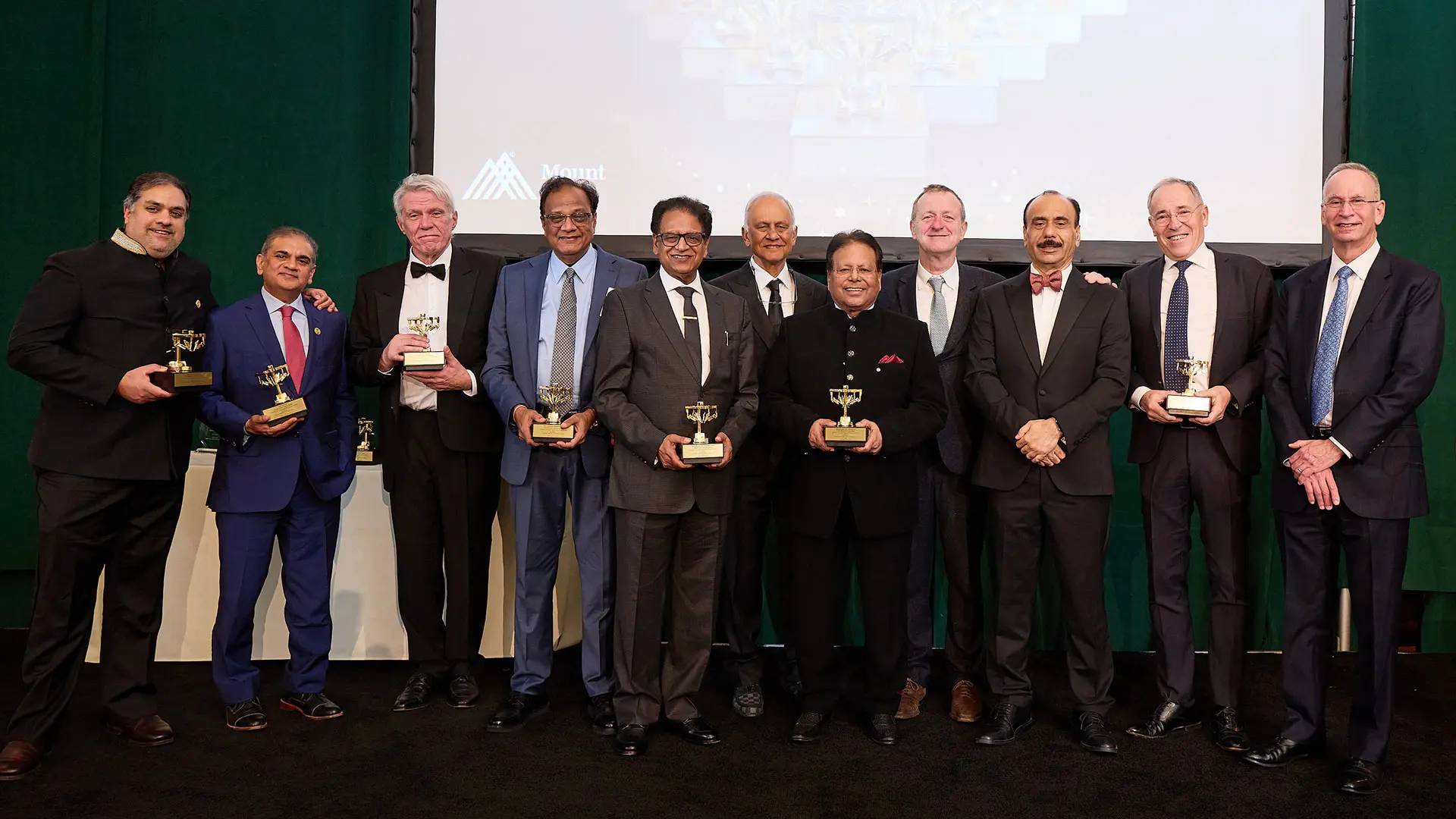 The 2025 Golden Robot Awards honorees and Mount Sinai leaders, from left: Ketan Badani, MD, FRCS (Hon.);  Vipul Patel, MD; Pier Cristoforo Guilianotti, MD; Sudhir Rawal, MD; Ashok Hemal, MD; Mani Menon, MD, Chief of Strategy and Innovation; Sudhir Srivastava, MD; Bertrand Guilonneau, MD; Ash Tewari, MBBS, MCh, FRCS (Hon.), DSc (Hon.) Chair, Department of Urology; Peter Wiklund, MD, PhD; and David Reich, MD, President, The Mount Sinai Hospital, and Chief Clinical Officer Mount Sinai Health System
