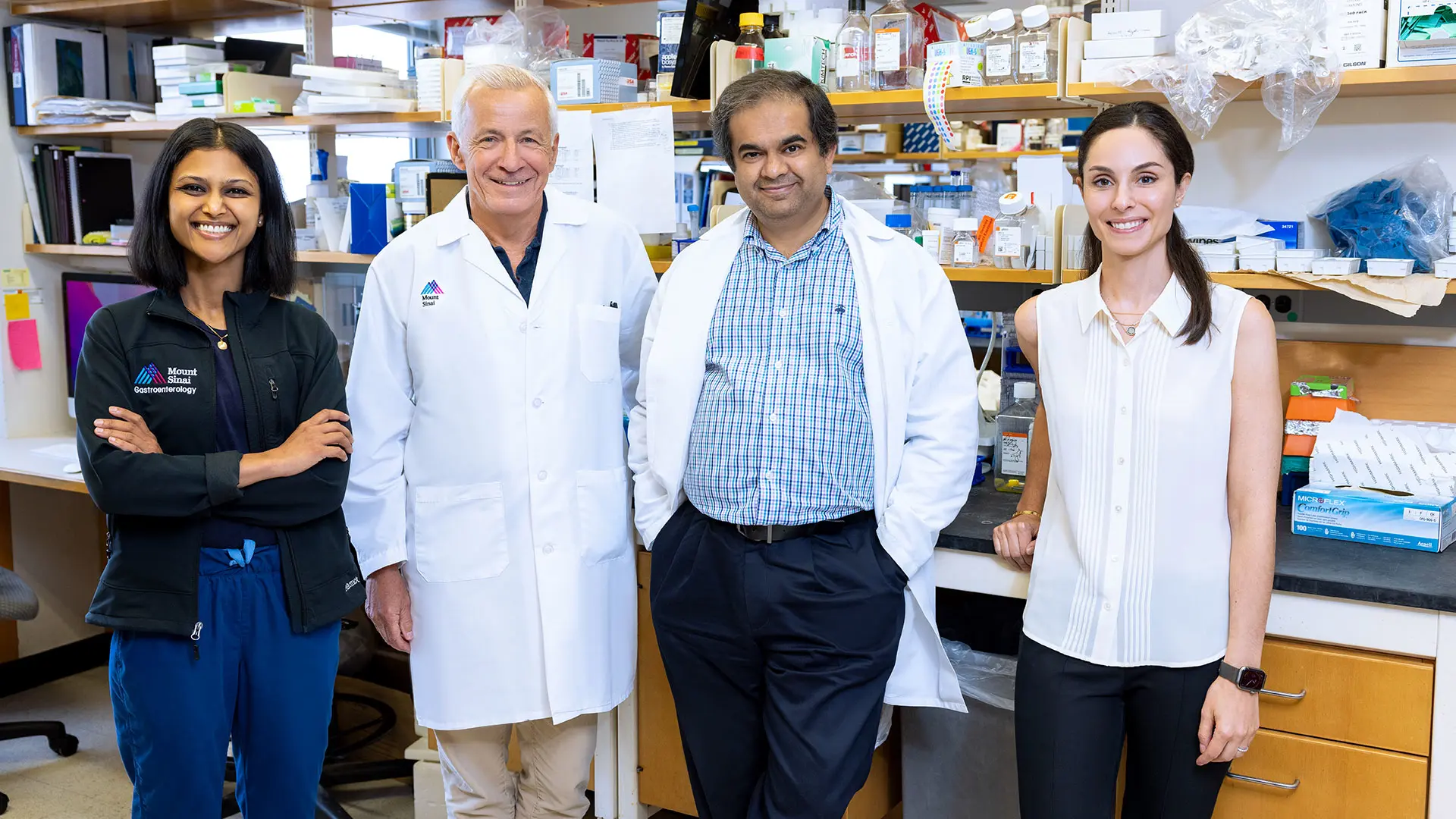 The research team included, from left: Manasi Agrawal, MD, MS; Jean-Frederic Colombel, MD; Saurabh Mehandru, MD; Alexandra Livanos, MD, PhD