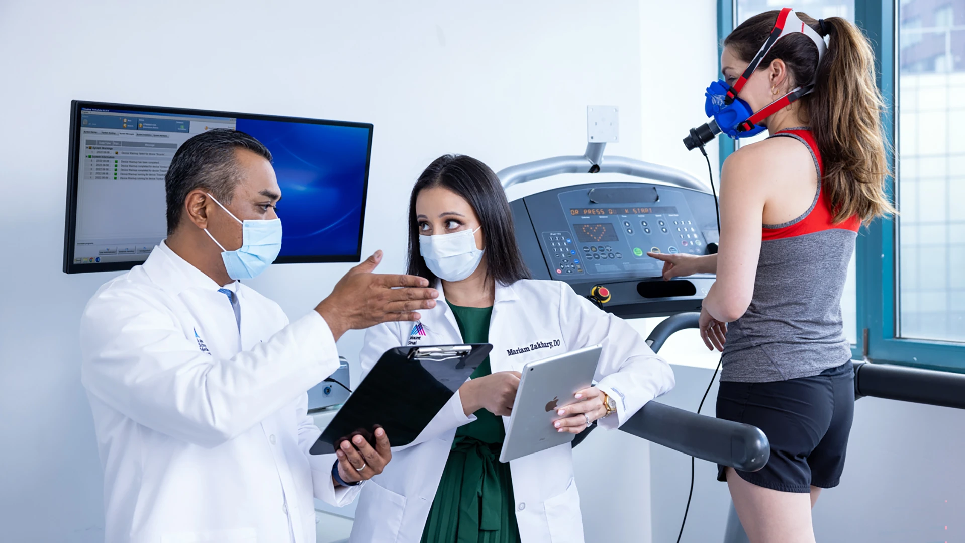 The Department of Rehabilitation and Human Performance at Mount Sinai has been working with athletes to help them achieve optimal performance via the Performance360 program that leverages biomarker and performance testing, such as the VO2 max test being demonstrated in this image. The team includes many physicians, including Joseph E. Herrera, DO, Chair of the Department of Rehabilitation and Human Performance (left), and Mariam Zakhary, DO, Medical Director Downtown for Rehabilitation and Human Performance (center). As the program grew and found success, the Department is exploring applying its learnings toward healthful aging.