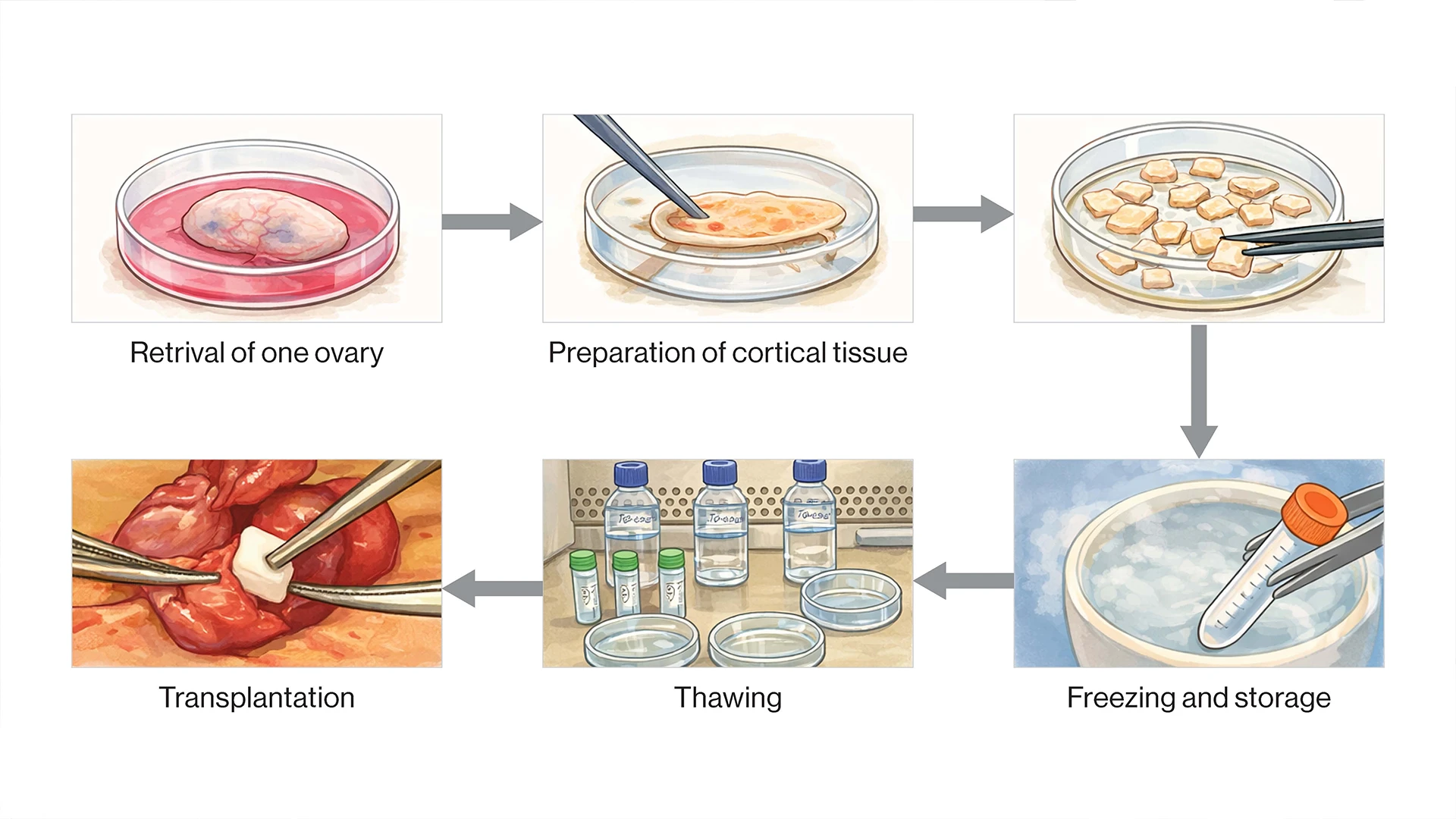 In ovarian cryopreservation, the ovary is surgically removed from the body. The cortex of the ovary, which contains the oocytes, is separated from the rest of ovary and prepared for freezing. The ovarian tissue is frozen and stored for later use. When the ovarian tissue is ready to be implanted back into the body, it is thawed, then surgically transplanted into the pelvis. Yding Andersen C, Mamsen LS, Kristensen SG. FERTILITY PRESERVATION: Freezing of ovarian tissue and clinical opportunities. Reproduction. 2019 Nov;158(5):F27-F34. doi: 10.1530/REP-18-0635.