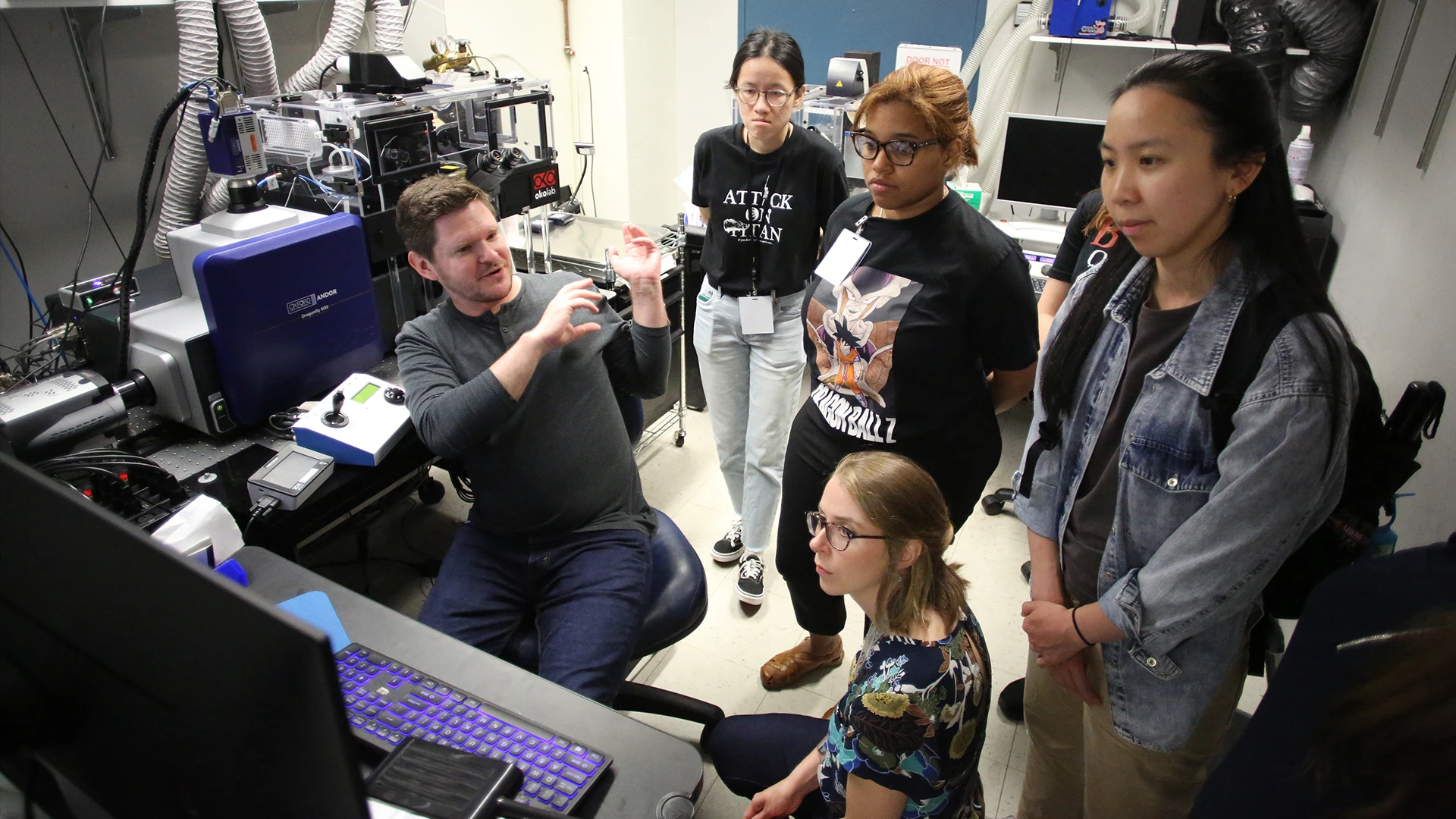 New York City educators visited the Microscopy and Advanced Bioimaging CoRE facility with Glenn Doherty, Senior Core Research Associate, seated left, and Denise Croote, PhD, seated right.