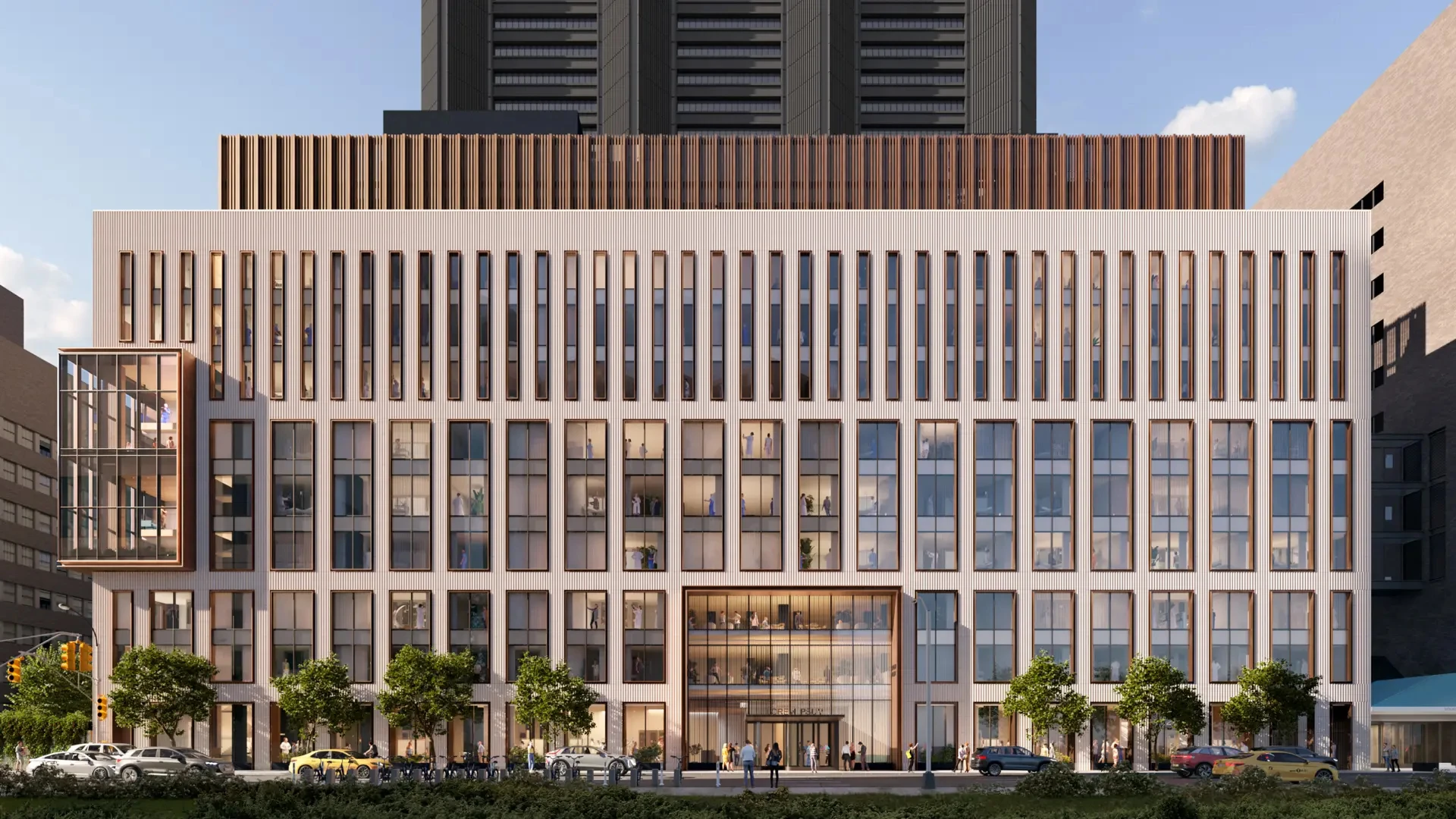 A rendering of the new Mount Sinai Tisch Cancer Hospital. The facility will feature four floors with approximately 18 single-bed rooms on each floor. Construction began in January 2026. The design and rendering are provided by HKS, Inc. (architect), AKF Group (MEP engineer), and Severud Associates (structural engineer).