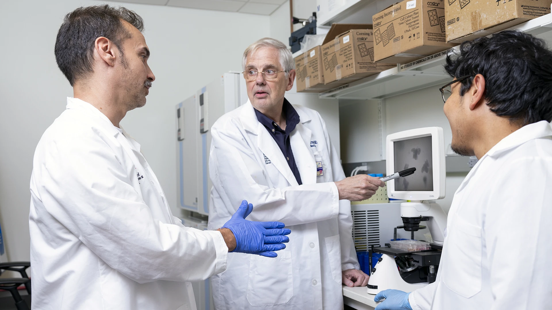 Dr. Ferrara (center) with team members Mariano Acosta Prado, PhD (left), and lab manager George Morales (right). Several clinical trials are underway, conducted as part of the Mount Sinai Acute GVHD International Consortium (MAGIC).