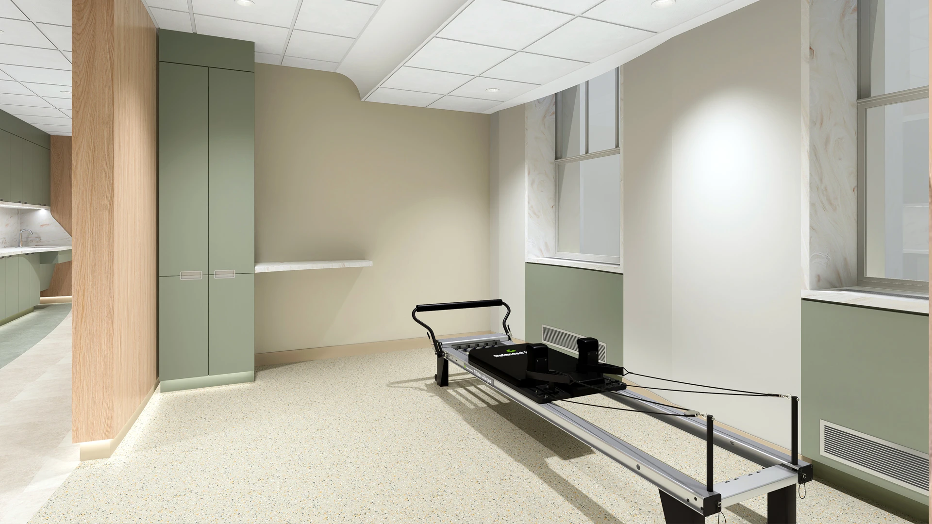 Lighting is an important element of CoRE, such as in the Pilates room, where soft sources of natural light are balanced with integrated lighting in the millwork to create a welcoming feel.