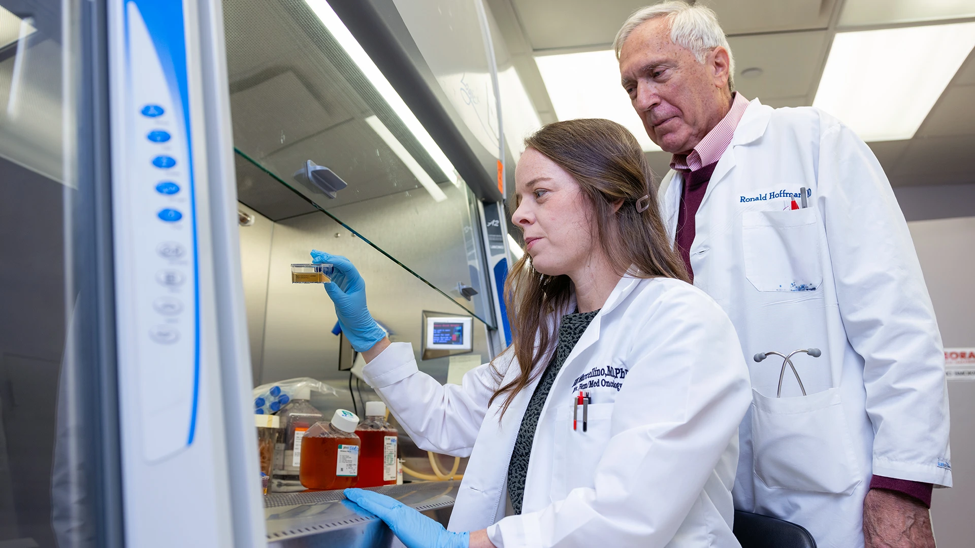 Dr. Hoffman's research spans multiple areas in hematological oncology, and as a result he (right) frequently collaborates with other specialists at Mount Sinai, including Bridget Marcellino, MD, PhD (left), who also conducts research in myeloproliferative neoplasms.