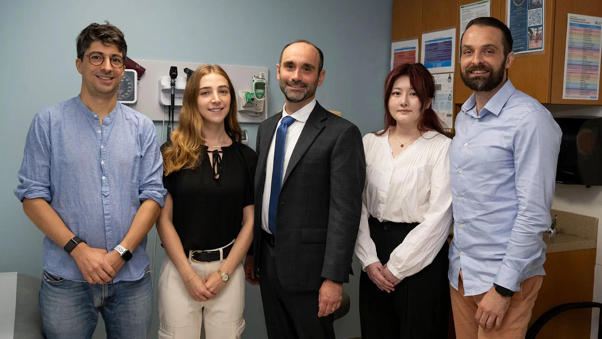From left: software engineer Matteo Danieletto, PhD; research coordinator Dylan Schorr, MPH; Dr. Hirten; and research coordinators Jessica Whang, MS, and Tim Hewitt, MA