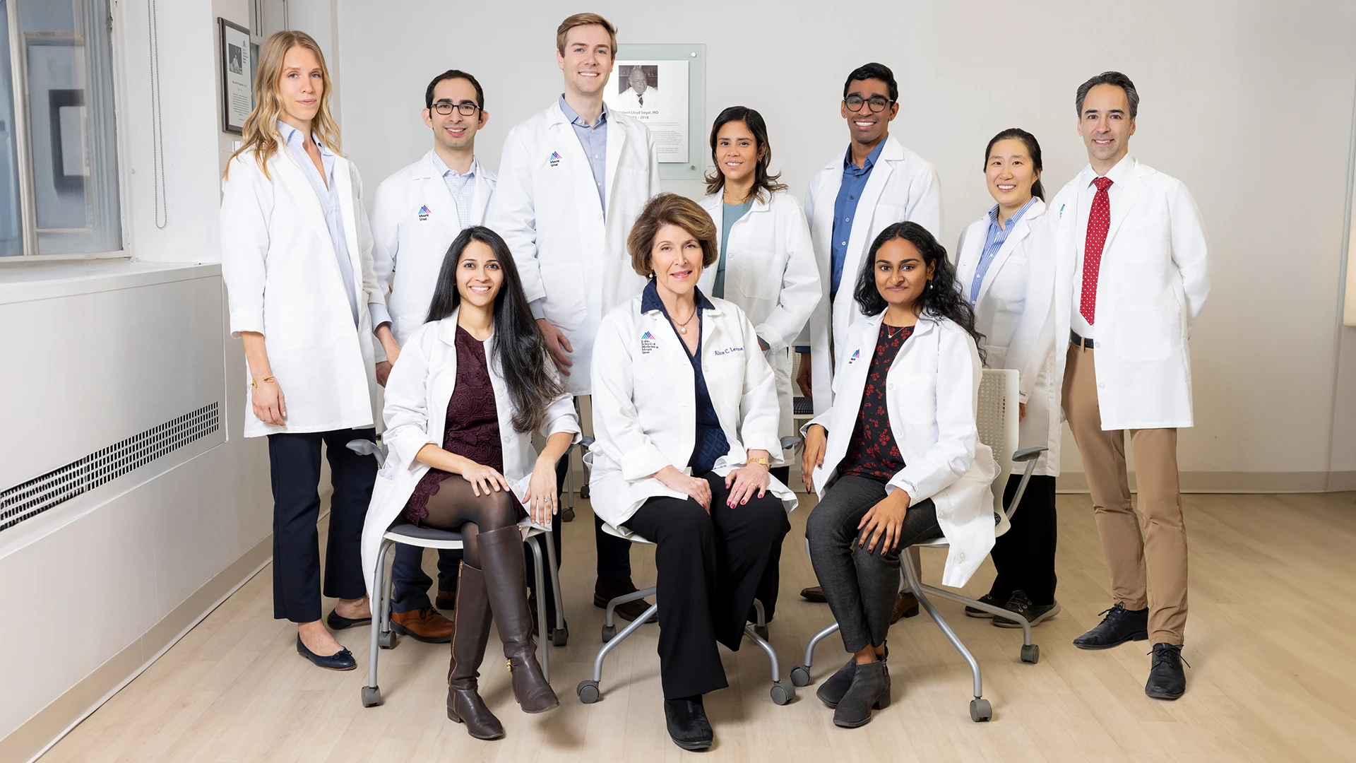 Members of the Endocrinology, Diabetes and Bone Disease Fellowship Program: Front row, from left, Sandhya Bassin, MD, Director Alice C. Levine, MD, and Suma Gondi, MD. Back row, from left, Rachel Sheskier, MD, Alon Mazori, MD, Daniel Slack, MD, Natalia Viera Feliciano, MD, Jiby Yohannan, MD, Jane Hand, MD, and Co-Director Michael A. Via, MD