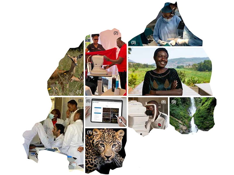 (1), (7) and (9): Rwanda is known for its abundant wildlife 
and natural beauty. (2): Dr. Mathenge performing an eye screening on a patient. (3): Dr. Reddy with trainees in the OR. (4): A female patient at the Rwanda Diabetes Association clinic for a diabetic retinopathy screening. (5): Dr. Reddy conducting a wet lab demonstration for trainees. (6): Cybersight Library on an iPad. (8): A male patient getting an eye exam at the RIIO-Kibagabaga Community Eye Clinic.