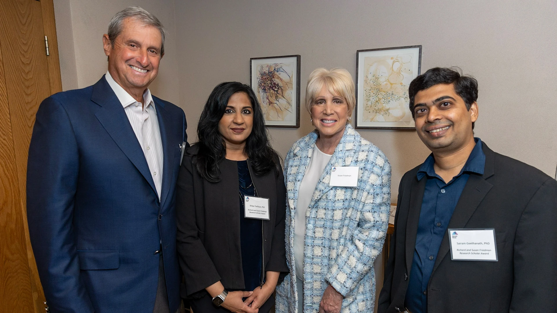 The 2023 recipients of the Richard and Susan Friedman Research Scholar Award are Shilpa R. Taufique, PhD, second from left, and Sairam Geethanath, PhD, right, for their research project on Accessible Community-Based Neuroimaging of Substance Use Disorder Patients to Monitor Therapeutic Efficacy. They are pictured with Richard A. Friedman and Susan Friedman. 