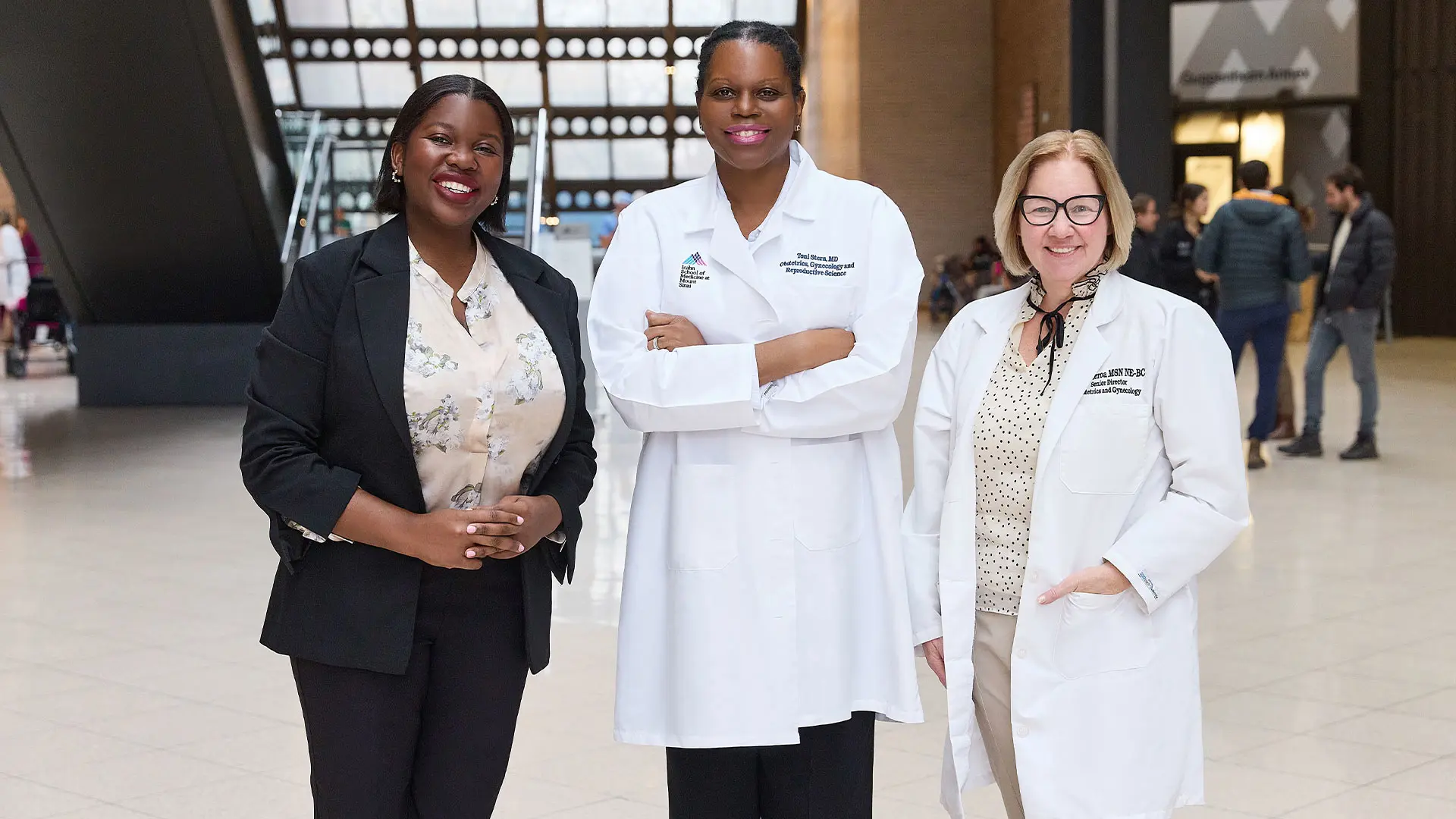 From left: Thandiwe Kangwa, MPA, CPXP, Toni A. Stern, MD, MS, MBA, and Erin Figueroa, MSN, RN, NE-BC.