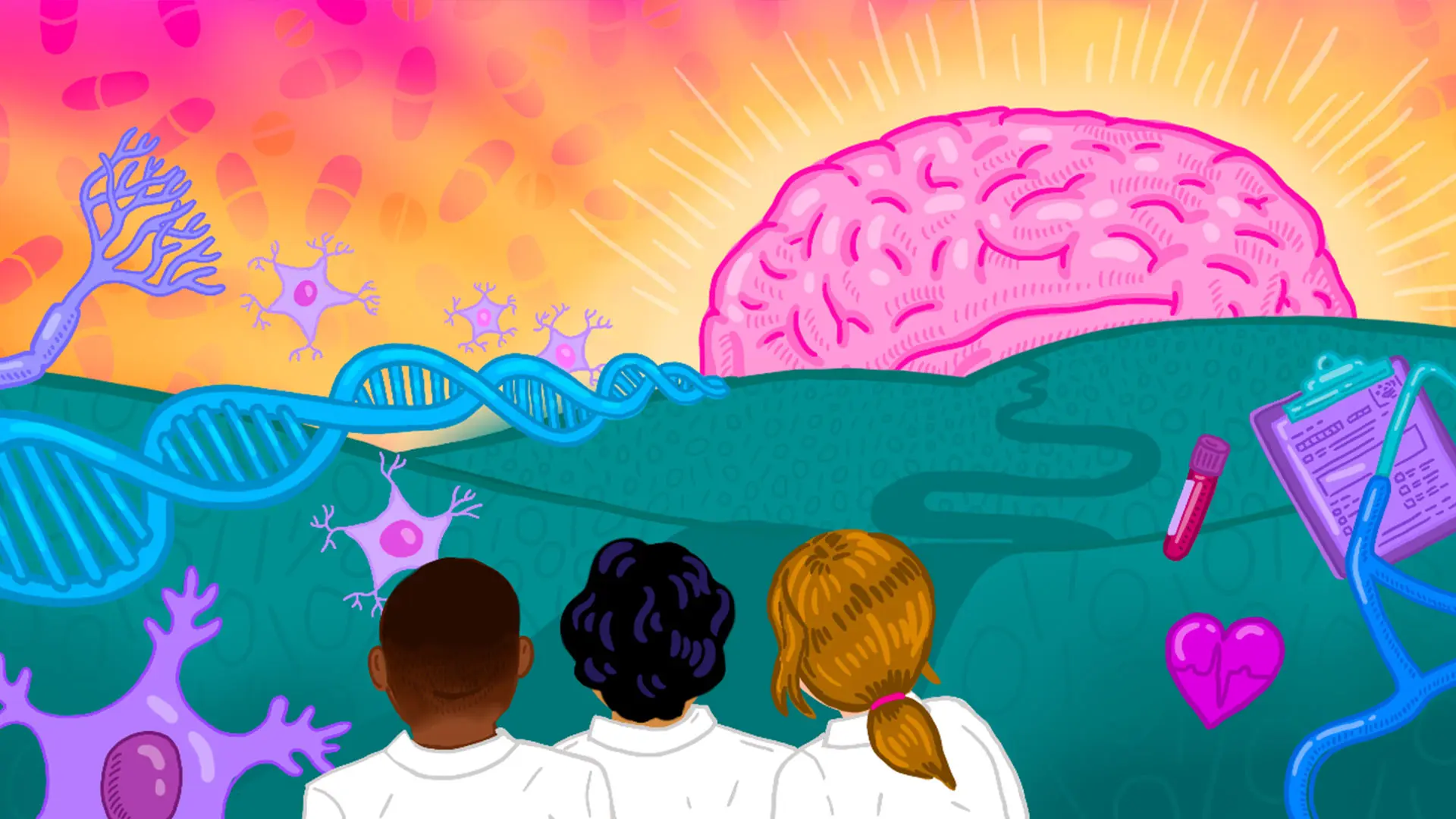 Schematic representation of the Blau Center’s focus on the causes, diagnosis, treatment, and prevention of schizophrenia and other psychotic disorders, across genetic, neural, behavioral, and environmental dimensions. Image by Jessica S. Johnson, Icahn School of Medicine at Mount Sinai.