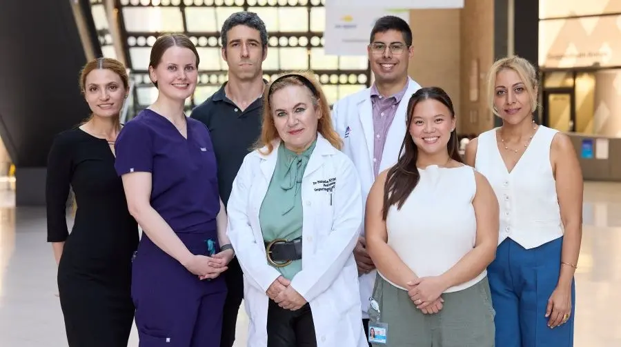 The research team, from left: Sara Darbandi, PhD; Campbell Vogt; Eduard Reznik, MD, PhD; Natasha Kyprianou, MBBS, PhD; Juan Serna, MD; Lauren Martires; and Maria Kouspou, PhD.