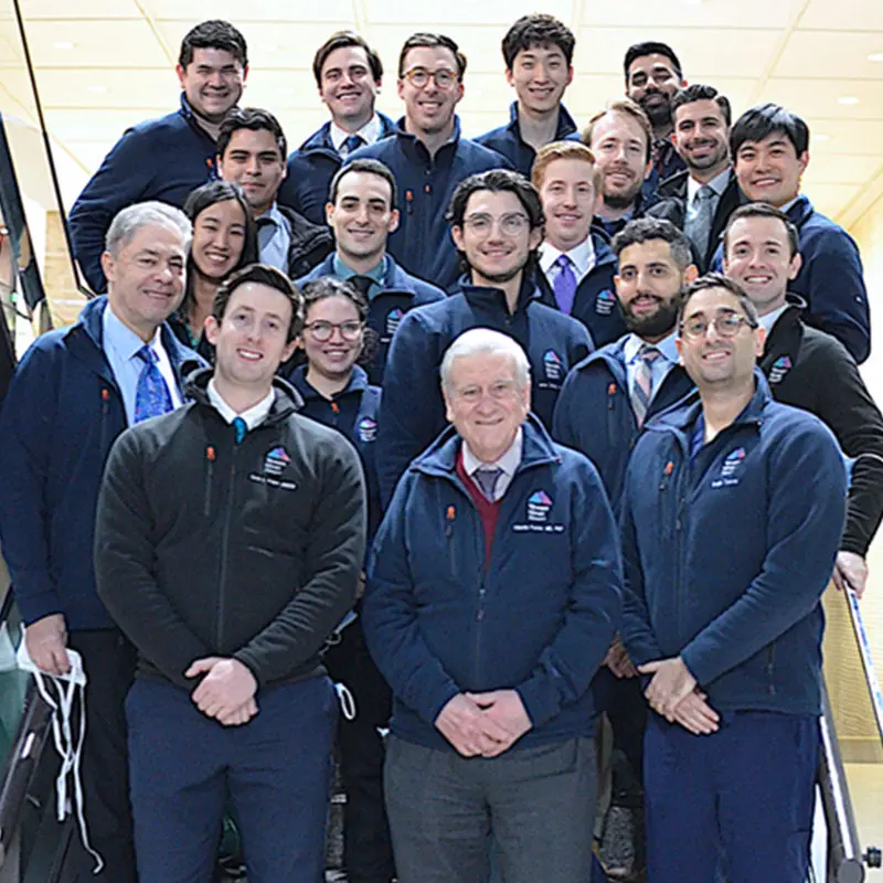 Valentin Fuster, MD, PhD, center, and Martin Goldman, MD, second row, left, with the Fellows of the Cardiovascular Training Program at The Mount Sinai Hospital. The renowned program develops future leaders in all aspects of cardiology, with personalized training and mentorship from outstanding leaders in the field.
